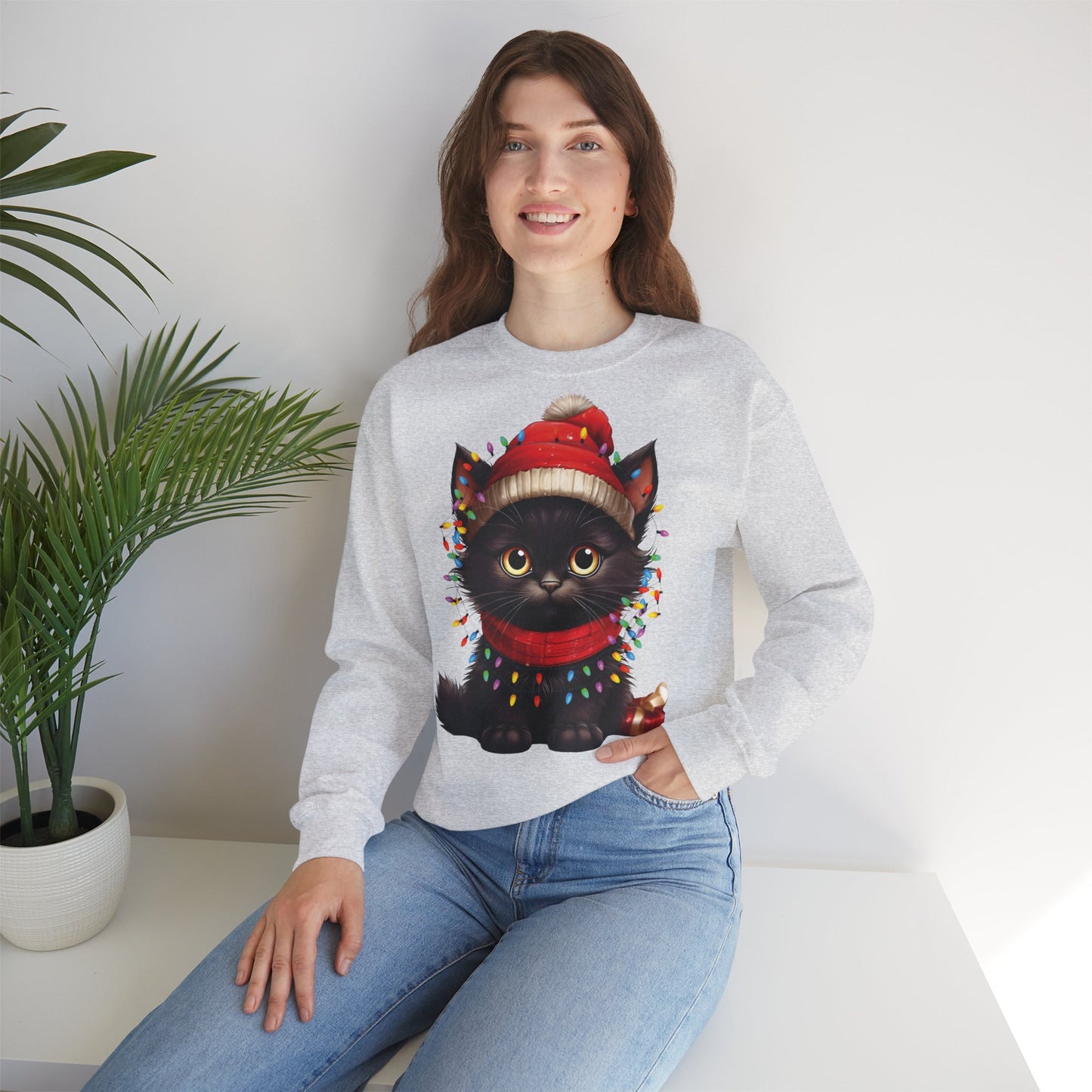 Holiday Heart: Kitten Wrapped in Christmas Lights - Festive Cat Crewneck Sweatshirt - Cozy Holiday Apparel, Warm Gift, Cute Winter Style, Pet Lover Sweatshirt, Christmas Sweater Alternative
