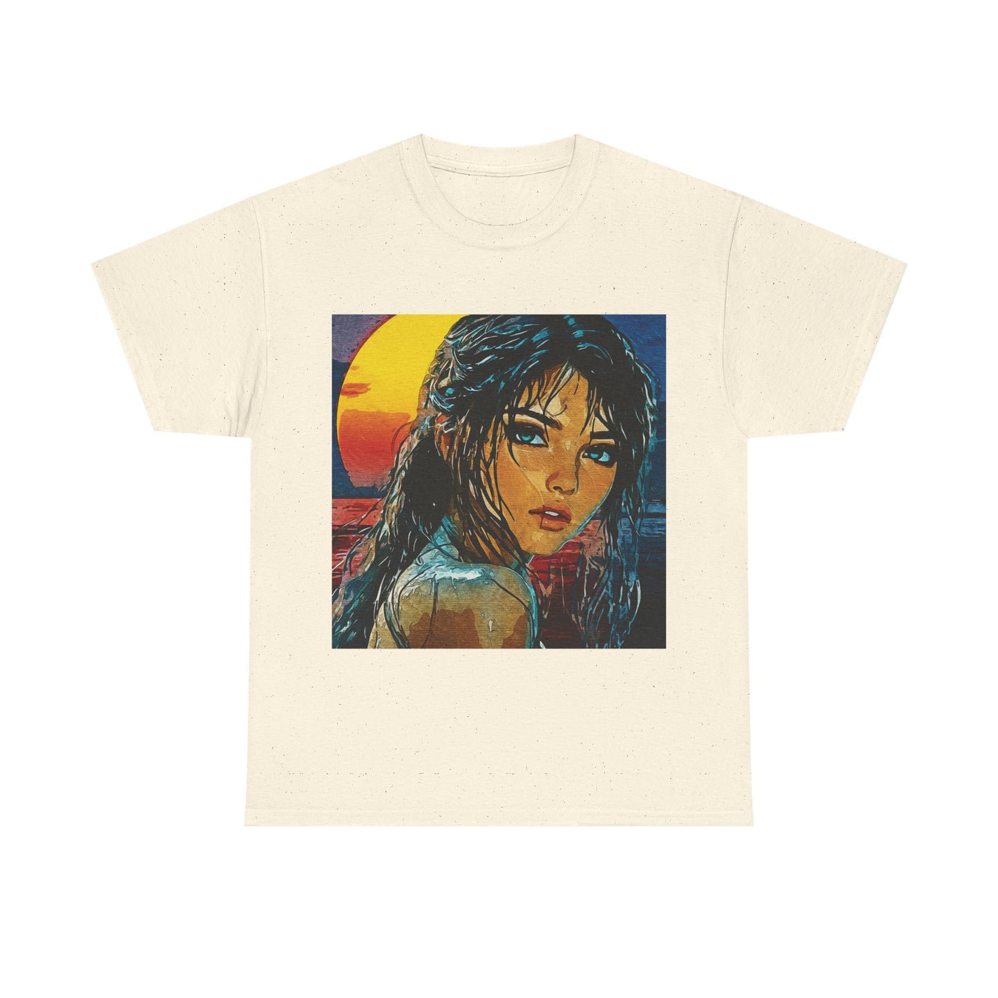 "Golden Hour Goddess: Vibrant Pop Art Vision" - Sunset Dreamer Unisex Heavy Cotton Tee - Vintage Art T-Shirt, Graphic Tee, Casual Wear, Unique Gift Idea, Summer Fashion