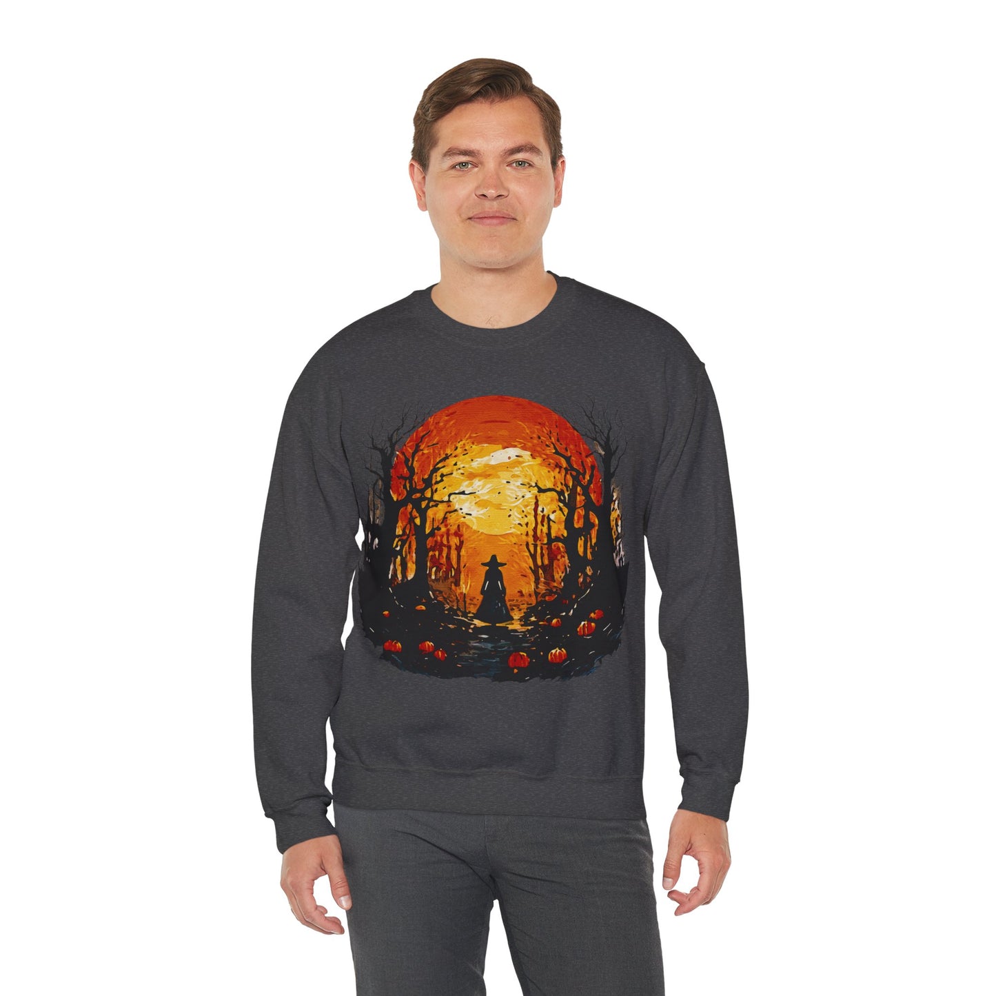 Moonlit Mischief: Autumn’s Enchanted Glow for Sweatshirts, mugs and more - Autumn Sunset Witch Sweatshirt - Cozy Unisex Crewneck for Fall, Halloween, Pumpkin Spice Lovers, Seasonal Fashion, Gift Idea