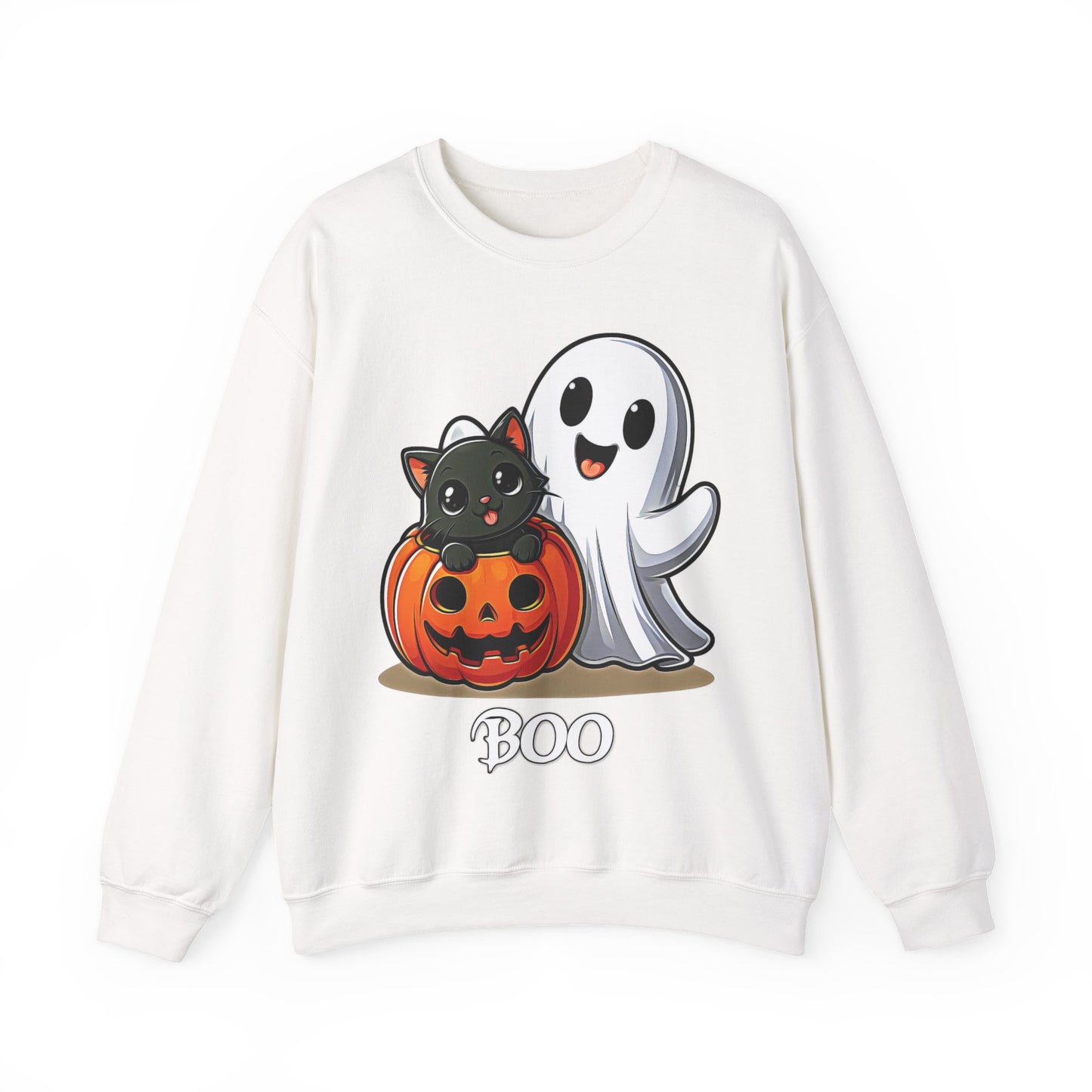 Spooky Smiles & Cozy Vibes – Halloween Boo Pumpkin Ghost Cat Edition - Cute Halloween Crewneck Sweatshirt with Ghost and Cat Design, Cozy Fall Apparel, Perfect for Spooky Season, Unisex Halloween Sweater, [...]