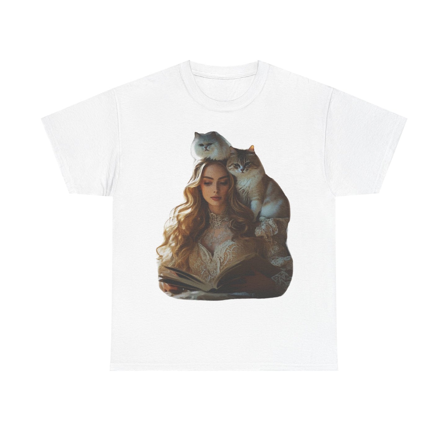 “Chapters & Companions: Peaceful Moments with Books, Cats, and Cozy Souls”  Description: - Book Lover Cat Tee, Unisex Heavy Cotton Tee for Cat Lovers, Cozy Graphic Shirt, Reading Gift, Cat Mom Gift, Pet Lover Apparel