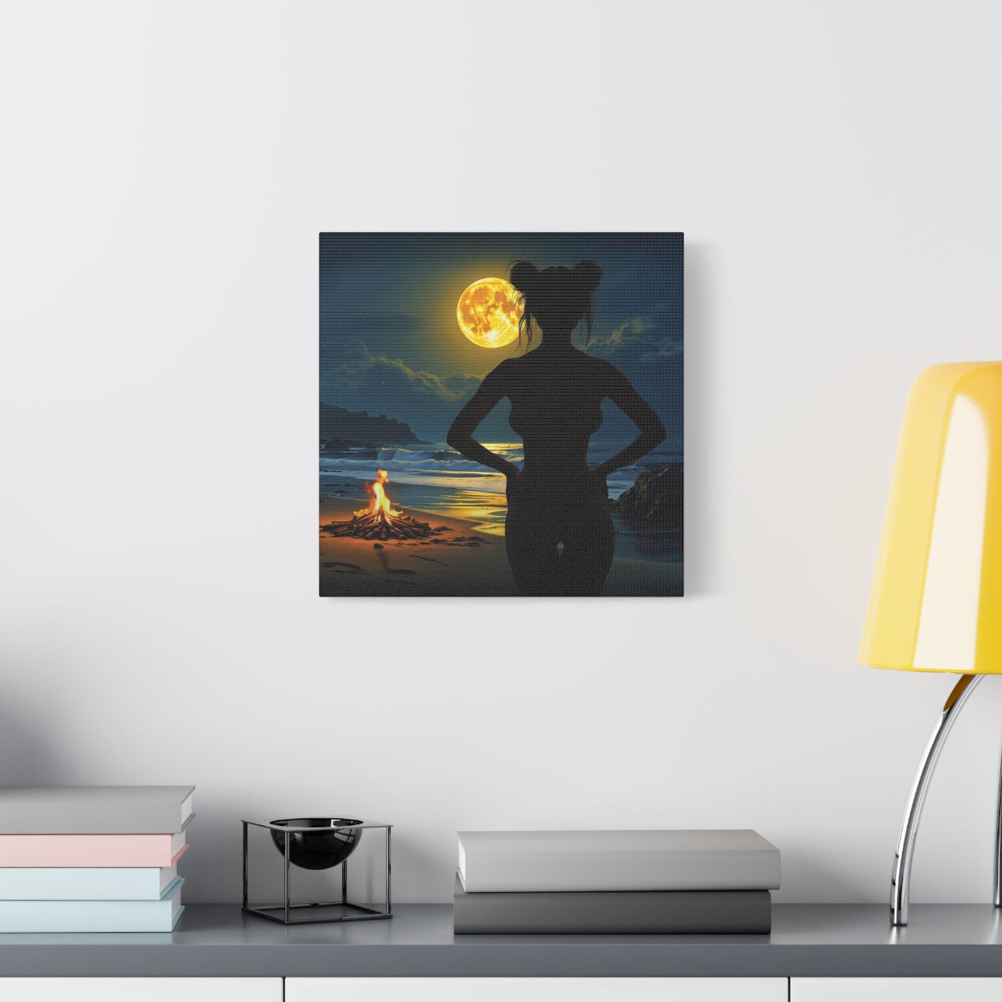Roxie’s Midnight Swim – Moonlit Beach - Satin Canvas Print, Wall Art for Home Decor, Nighttime Serenity, Coastal Vibes, Gift for Nature Lovers, Personalized Artwork