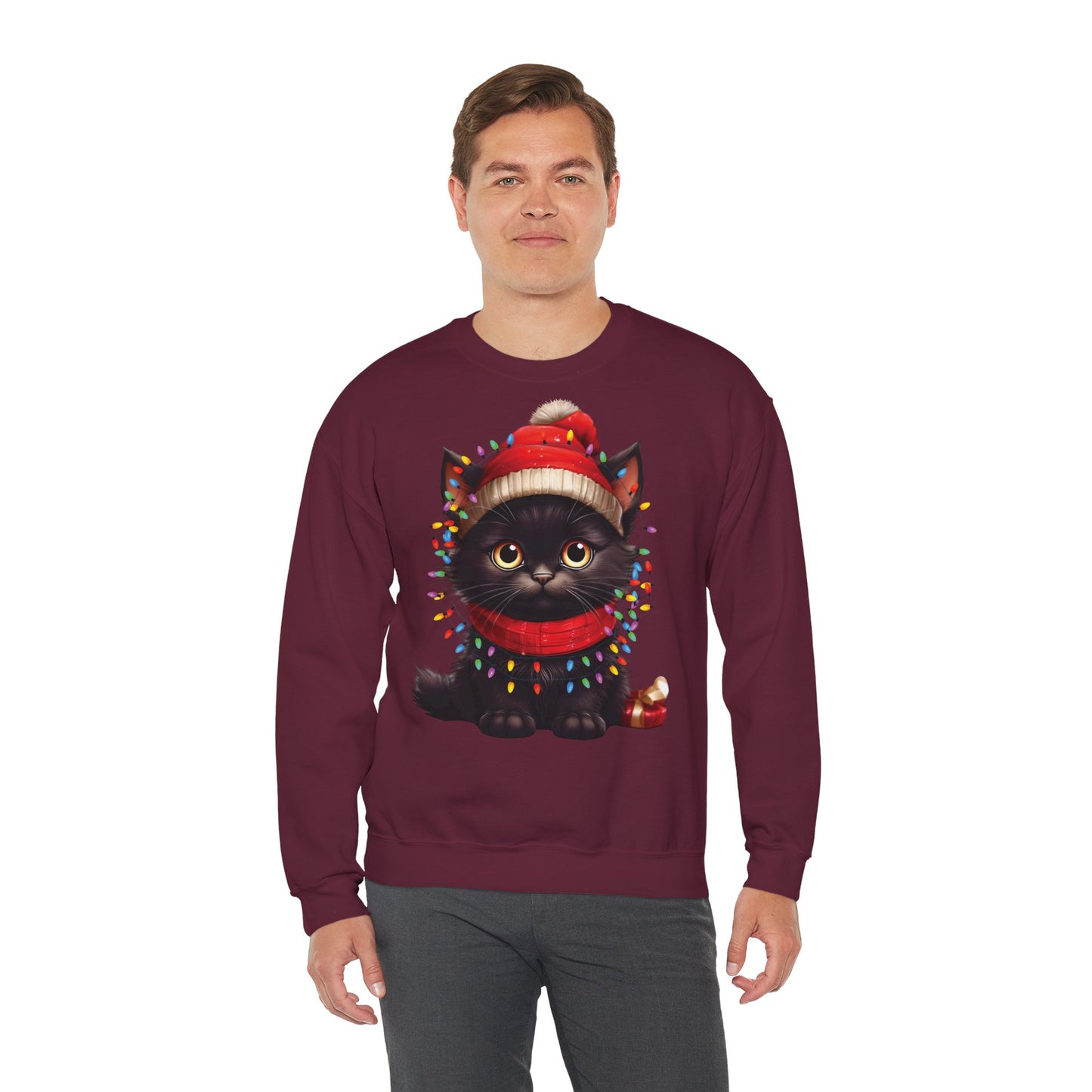 Holiday Heart: Kitten Wrapped in Christmas Lights - Festive Cat Crewneck Sweatshirt - Cozy Holiday Apparel, Warm Gift, Cute Winter Style, Pet Lover Sweatshirt, Christmas Sweater Alternative