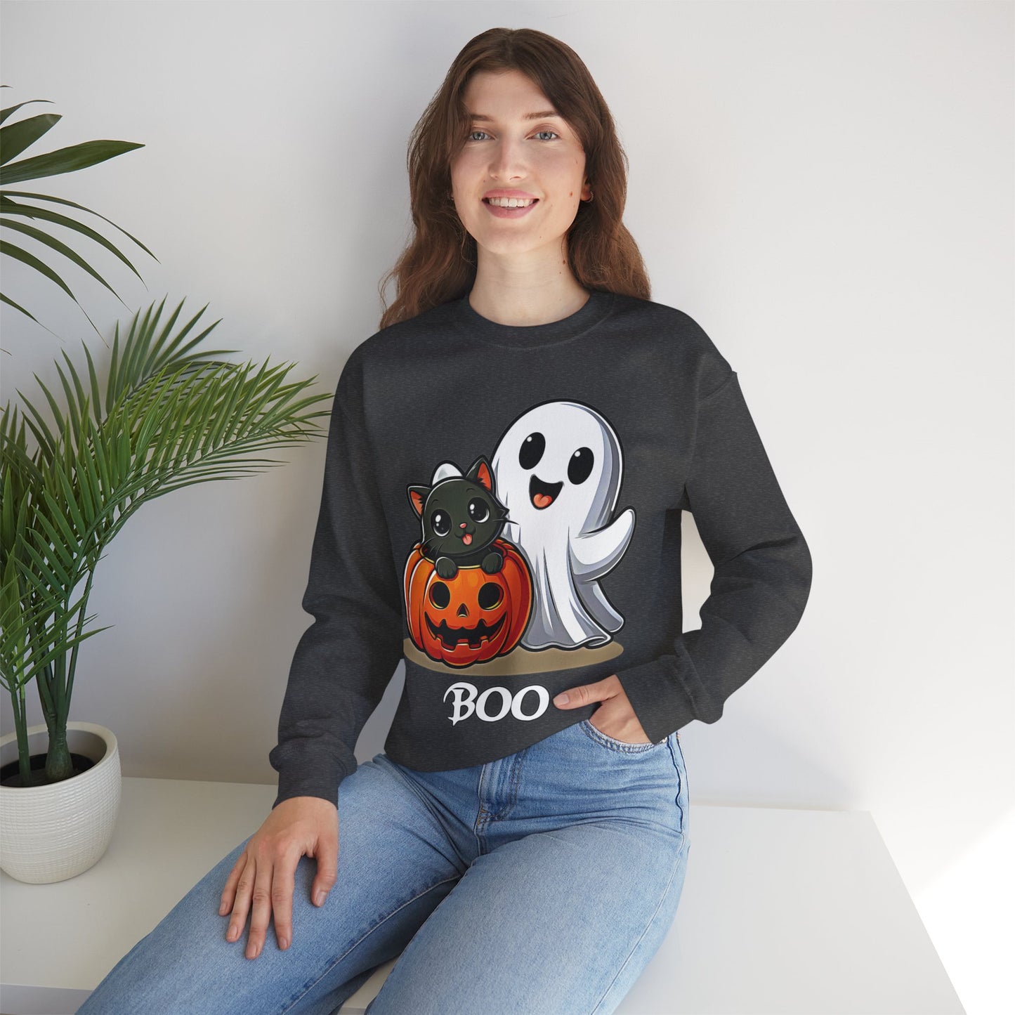 Spooky Smiles & Cozy Vibes – Halloween Boo Pumpkin Ghost Cat Edition - Cute Halloween Crewneck Sweatshirt with Ghost and Cat Design, Cozy Fall Apparel, Perfect for Spooky Season, Unisex Halloween Sweater, [...]