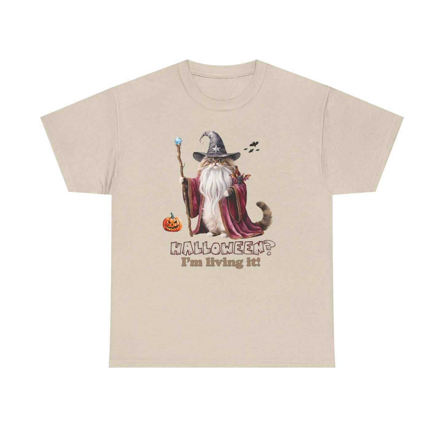 🧙 Living the Spell: Wizardry, Whimsy & Halloween CheerHalloween Wizard Cat Tee - 🎃 Spooky Unisex Cotton Shirt, Witchy T-Shirt, Fall Fashion, Gift for Cat Lovers, Halloween Costume, Relaxed Fit