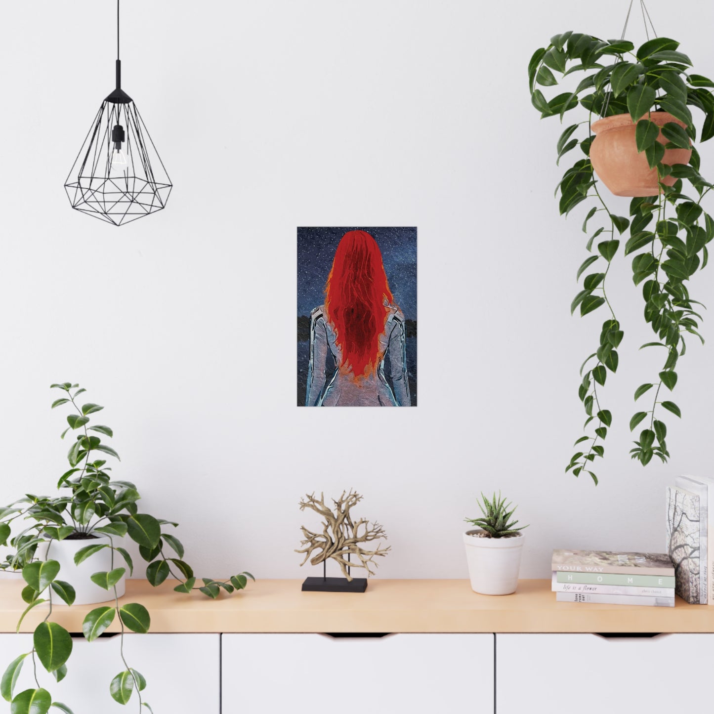 'Red' Scarlet Veil Over Starry Depths: Embrace the Cosmic Red Journey Within - Vibrant Matte Poster of a Red-Haired Figure, Wall Art, Home Decor, Aesthetic Print, Gift for Art Lovers, Inspirational Decor