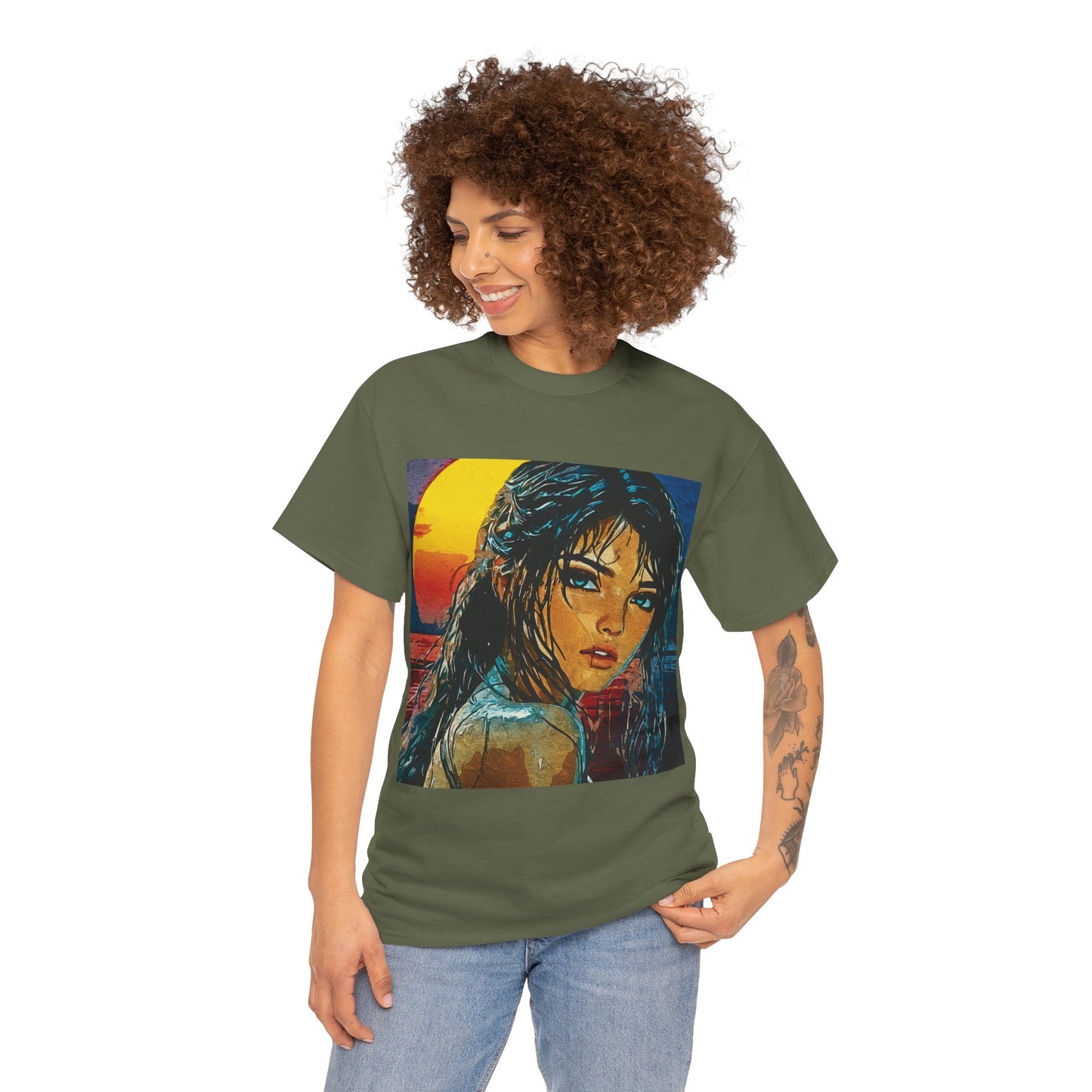 "Golden Hour Goddess: Vibrant Pop Art Vision" - Sunset Dreamer Unisex Heavy Cotton Tee - Vintage Art T-Shirt, Graphic Tee, Casual Wear, Unique Gift Idea, Summer Fashion