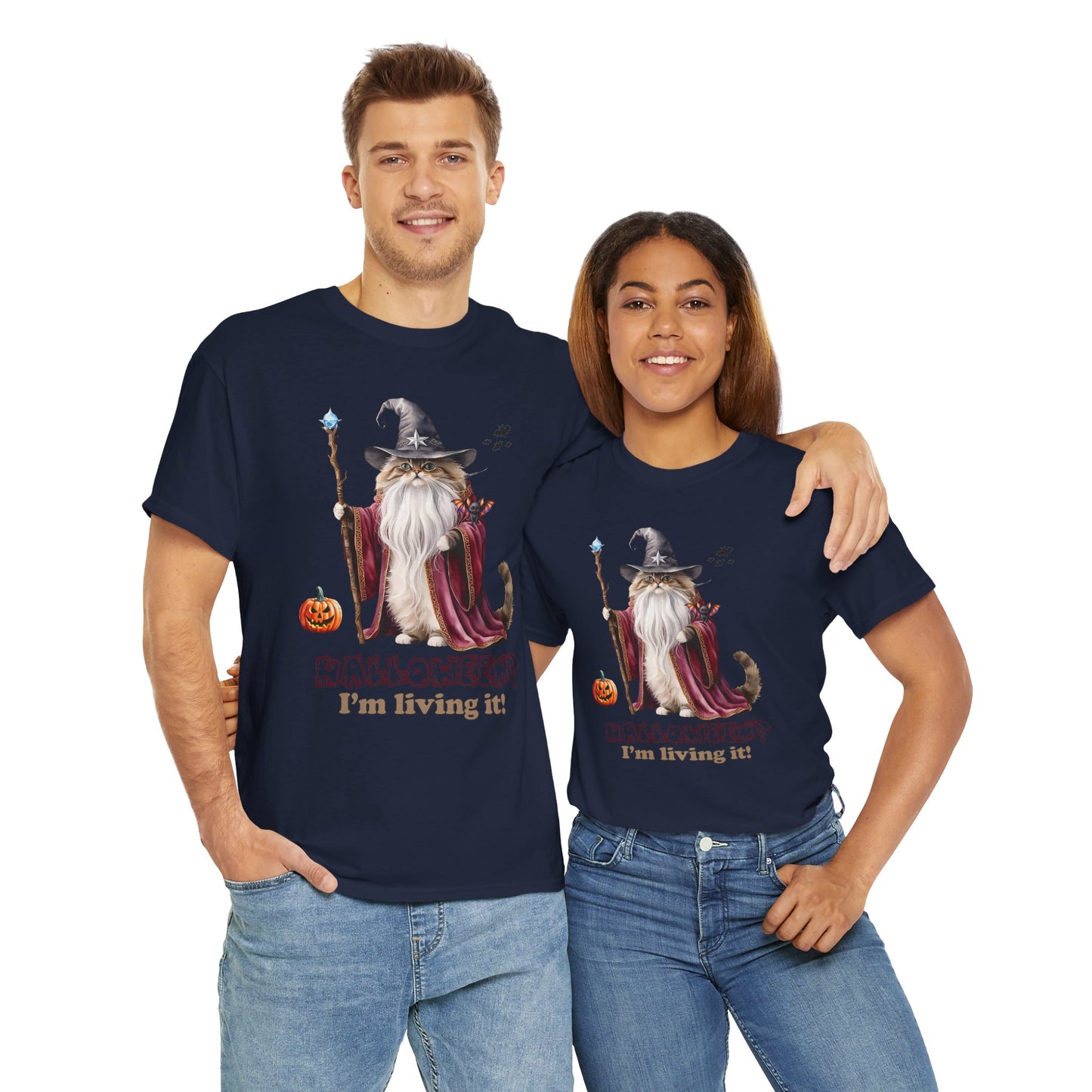 🧙 Living the Spell: Wizardry, Whimsy & Halloween CheerHalloween Wizard Cat Tee - 🎃 Spooky Unisex Cotton Shirt, Witchy T-Shirt, Fall Fashion, Gift for Cat Lovers, Halloween Costume, Relaxed Fit