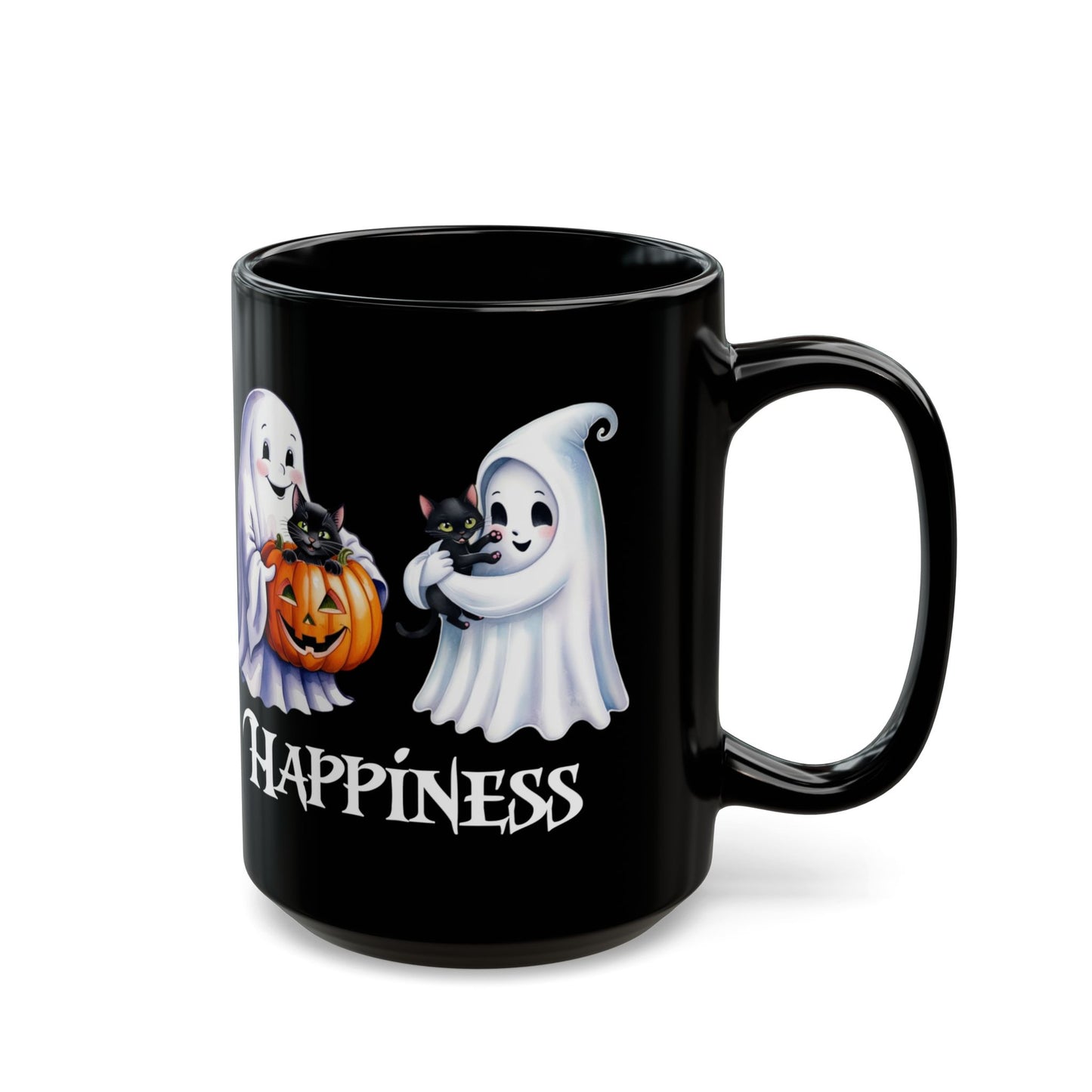👻 Haunted by Happiness: Ghosts of Joy and Candy - Spooky Spirit Mug - Haunted by Happiness, Halloween Coffee Cup, Ghost Cat Drinkware, Trick or Treat Gift, Cute Fall Mug