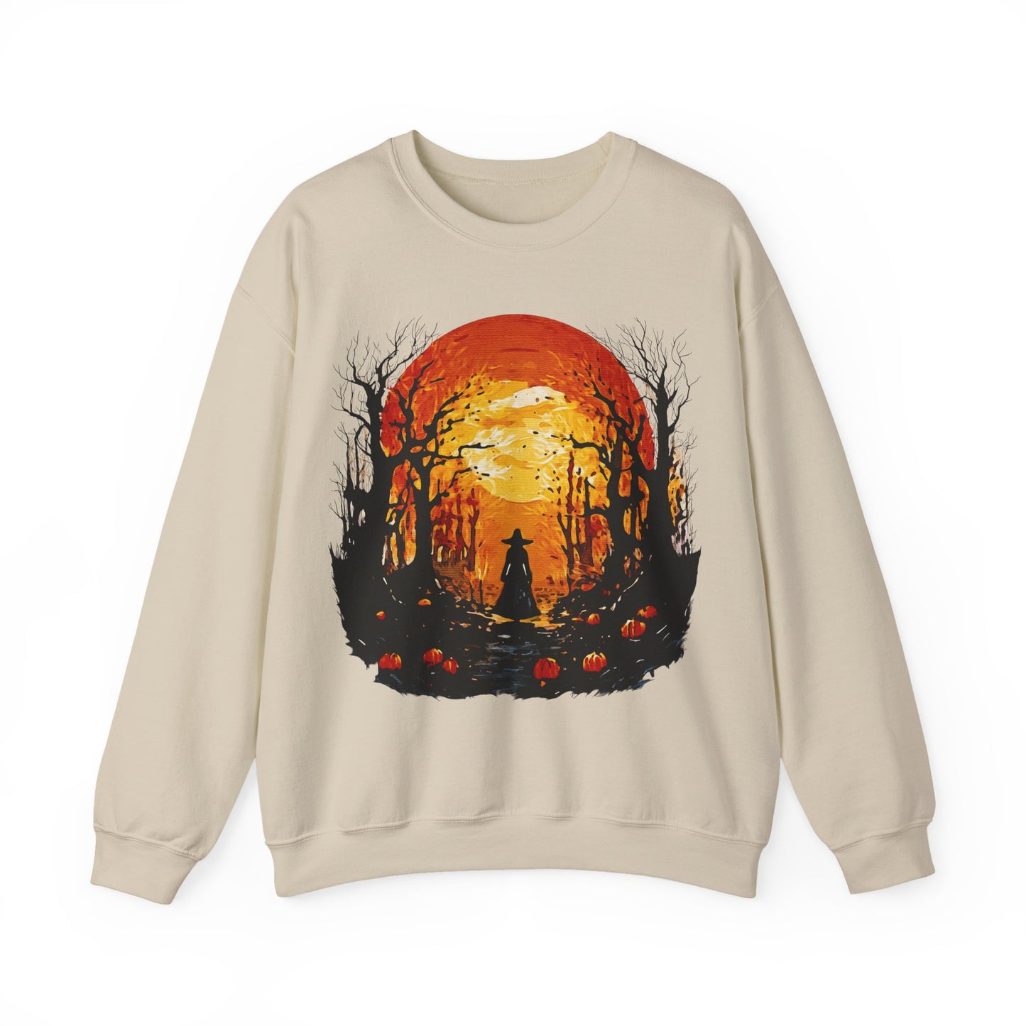Moonlit Mischief: Autumn’s Enchanted Glow for Sweatshirts, mugs and more - Autumn Sunset Witch Sweatshirt - Cozy Unisex Crewneck for Fall, Halloween, Pumpkin Spice Lovers, Seasonal Fashion, Gift Idea