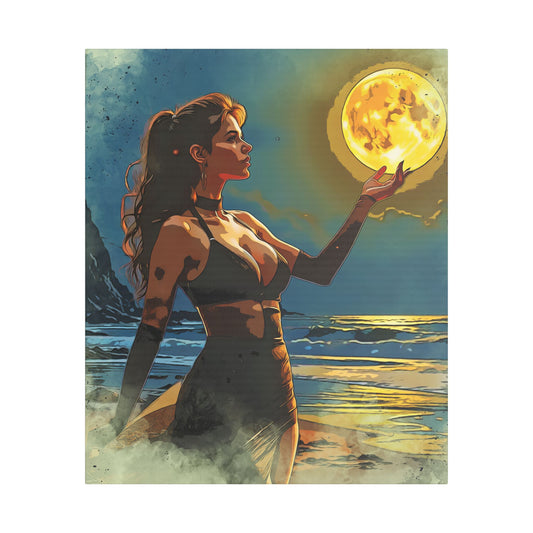 Moonlit Ambition Watercolor style – Reach for Your Celestial Dreams on Canvas - Stretched Canvas Art Print, Dreamy Moonlit Beach Decor, Fantasy Wall Art, Boho Home Decor, Unique Gift for Art Lovers
