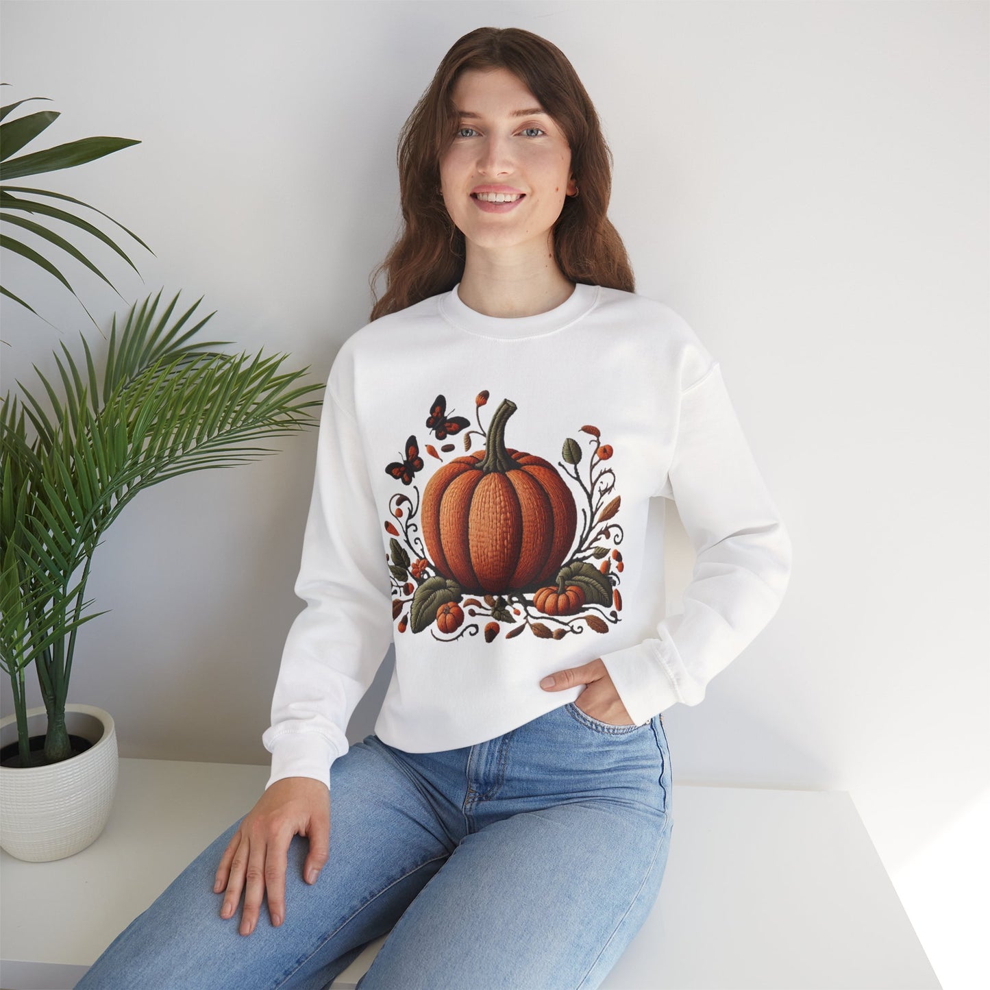 Pumpkin & Botanical Bliss – Autumn’s Cozy Charm 🎃🍂 - Autumn Pumpkin Sweatshirt - Cozy Fall Apparel, Unisex Crewneck, Thanksgiving Gift, Seasonal Fashion, Pumpkin Patch Style