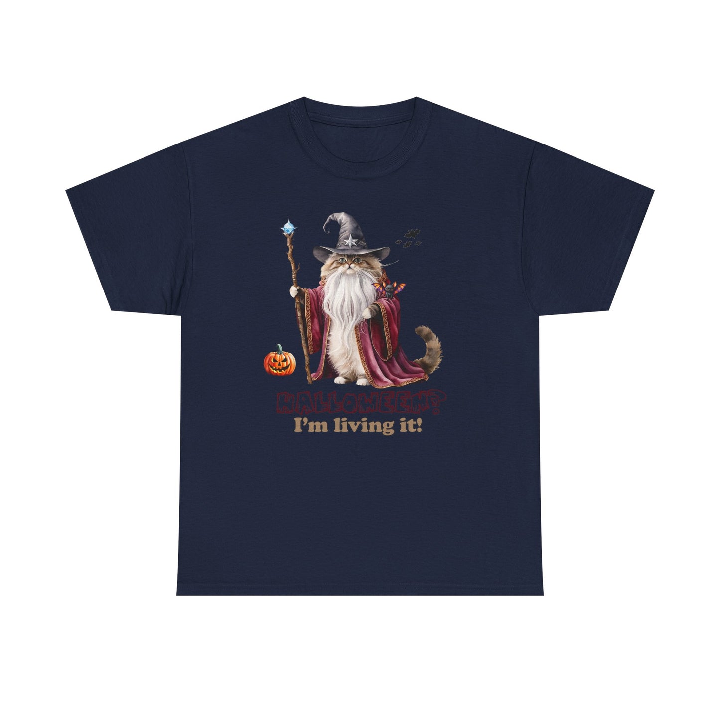🧙 Living the Spell: Wizardry, Whimsy & Halloween CheerHalloween Wizard Cat Tee - 🎃 Spooky Unisex Cotton Shirt, Witchy T-Shirt, Fall Fashion, Gift for Cat Lovers, Halloween Costume, Relaxed Fit