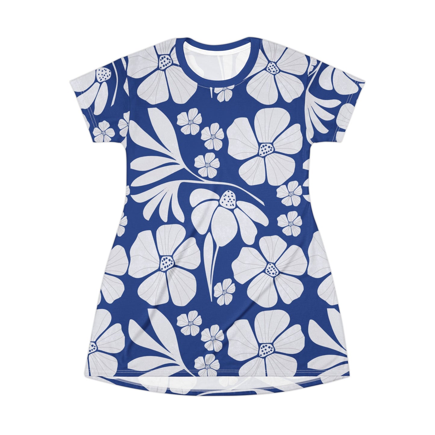 Retro Look White Flower Design T-Shirt Dress