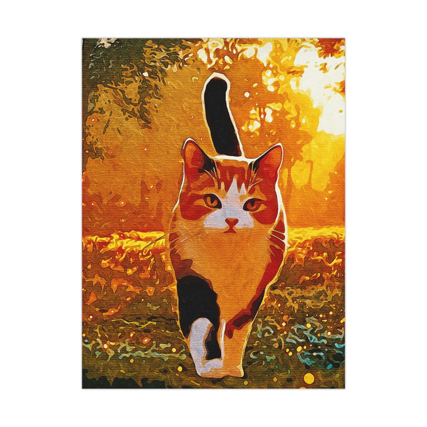 "Stride of Serenity: A Cat’s Golden Journey" - Vibrant Cat Matte Poster, Wall Art Decor, Feline Art Print, Cat Lover Gift, Home Decor, Nature Photography