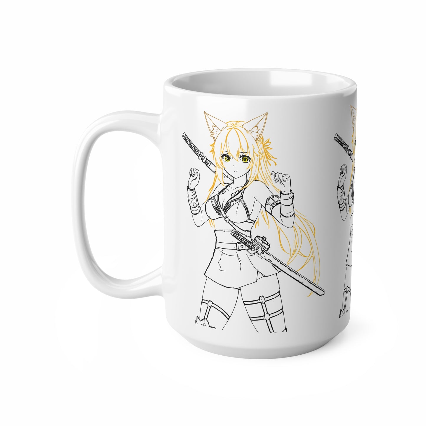 Cat-Eared Blade – Anime Warrior Power on Anime-Themed Ceramic Coffee Mug, Cute Anime Style Cup, Perfect Gift for Otaku, 11oz and 15oz Sizes, Fun Cafe Decor, Coffee Lover Gift