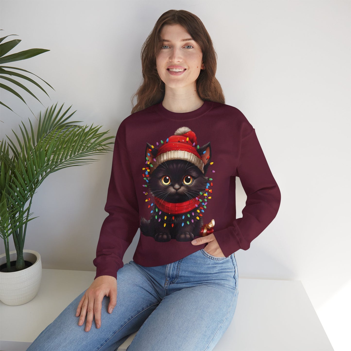 Holiday Heart: Kitten Wrapped in Christmas Lights - Festive Cat Crewneck Sweatshirt - Cozy Holiday Apparel, Warm Gift, Cute Winter Style, Pet Lover Sweatshirt, Christmas Sweater Alternative