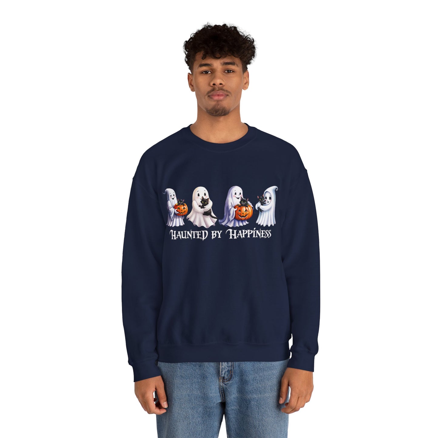 👻 Haunted by Happiness: Ghosts of Joy and Candy - Halloween Ghosts Sweatshirt, Cozy Crewneck, Autumn Apparel, Spooky Season Gift, Unisex Sweatshirt for Fall Celebrations