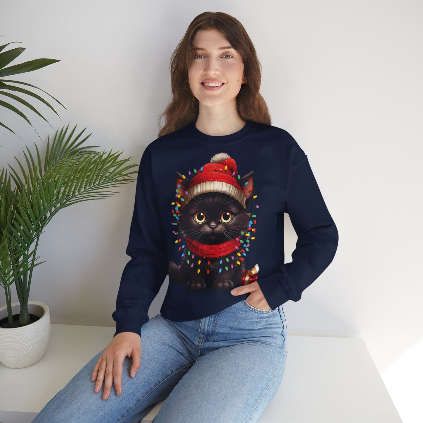 Holiday Heart: Kitten Wrapped in Christmas Lights - Festive Cat Crewneck Sweatshirt - Cozy Holiday Apparel, Warm Gift, Cute Winter Style, Pet Lover Sweatshirt, Christmas Sweater Alternative
