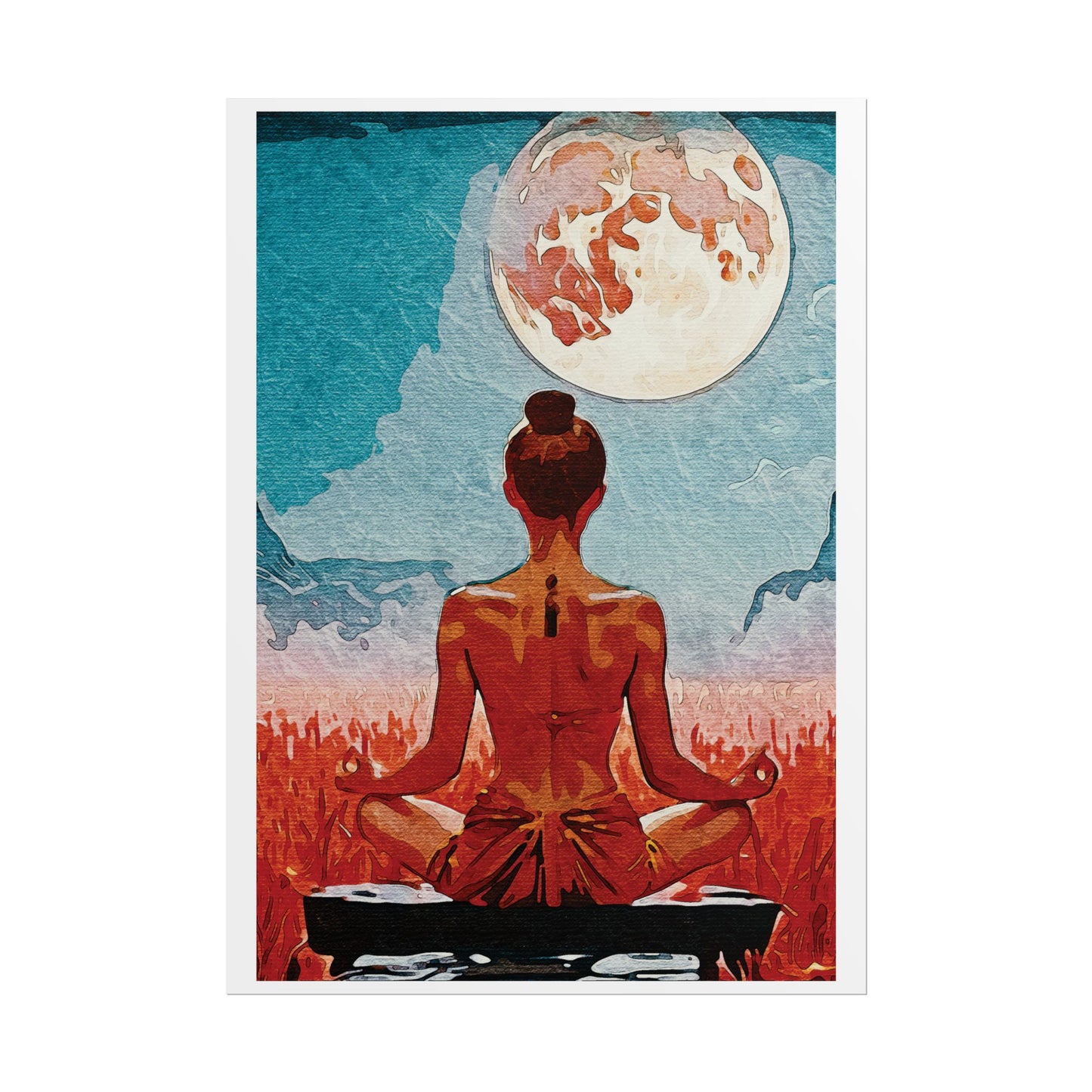 Serenity Under the Full Moon - Meditation Art Print, Zen Rolled Poster, Relaxation Decor, Spiritual Wall Art, Yoga Gift, Mindfulness Artwork