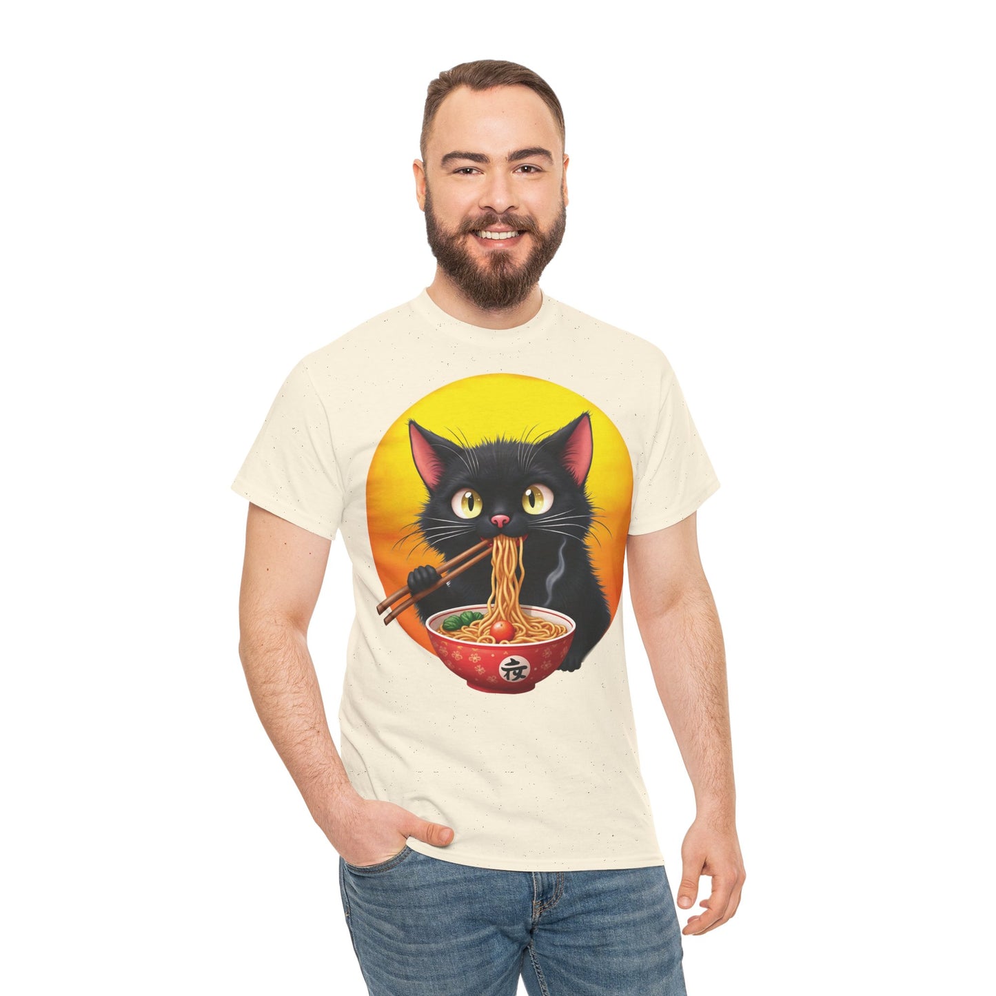 Ramen Cat Magic – Whiskers, Noodles & Sunshine Vibes - Ramen Cat - Cute Cat with Bowl of Noodles Unisex Heavy Cotton Tee