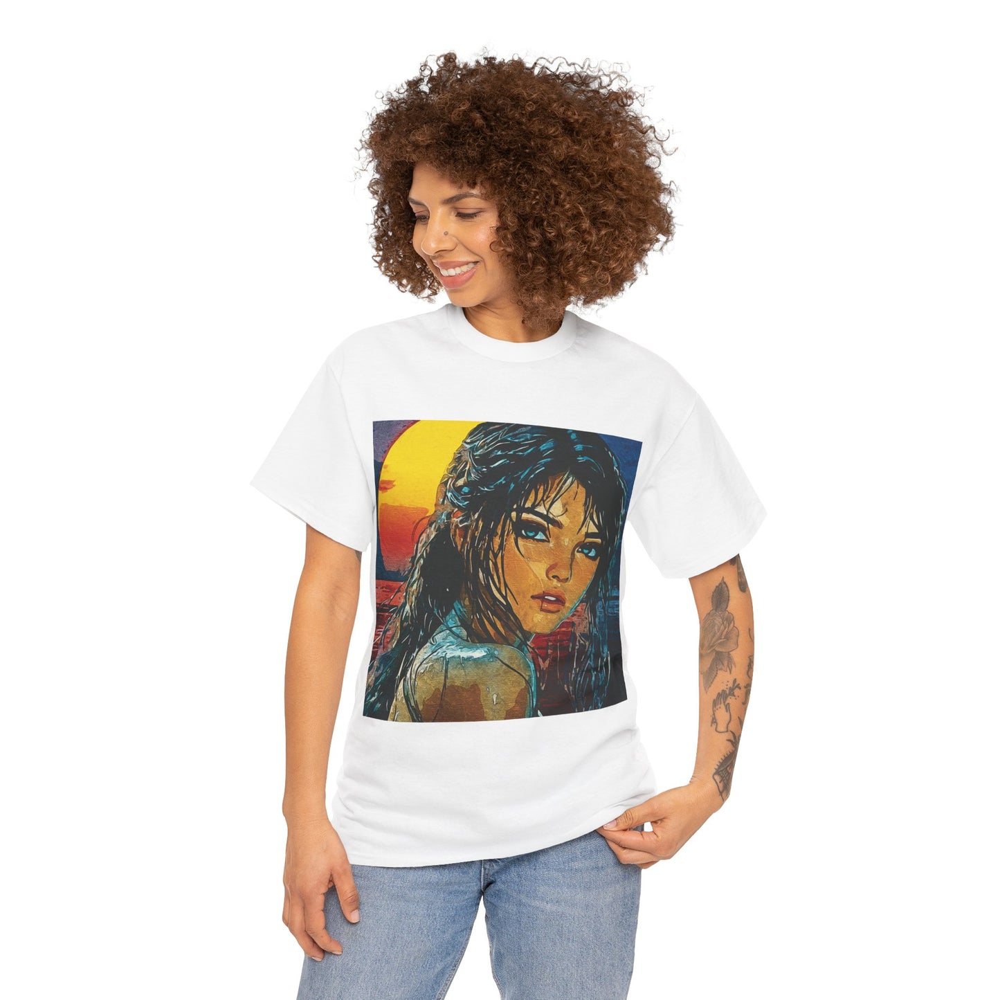 "Golden Hour Goddess: Vibrant Pop Art Vision" - Sunset Dreamer Unisex Heavy Cotton Tee - Vintage Art T-Shirt, Graphic Tee, Casual Wear, Unique Gift Idea, Summer Fashion