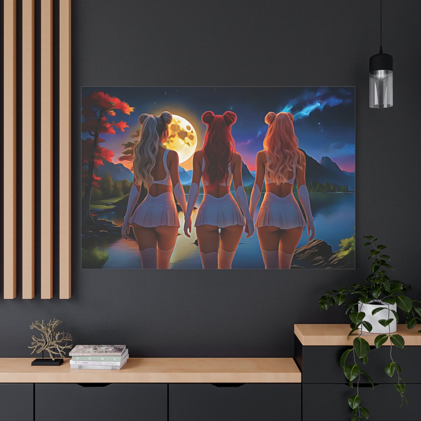 🌌 Moon Sisters: Unity in Light, Magic in MotionCanvas Wall Art - Enchanting Moonlit Retreat, Bohemian Decor, Gift for Friends, Home Decor, Unique Wall Art, Girls Night In
