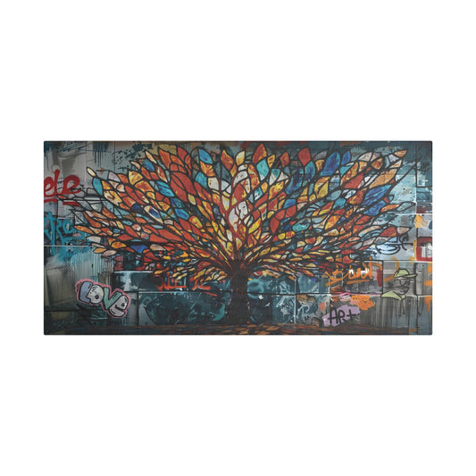 “Roots of Radiance: The Urban Tree of Infinite Expression” - Satin Canvas Print of Colorful Tree Art, Wall Decor for Living Room, Vibrant Artwork, Home Aesthetic, Gift for Nature Lovers