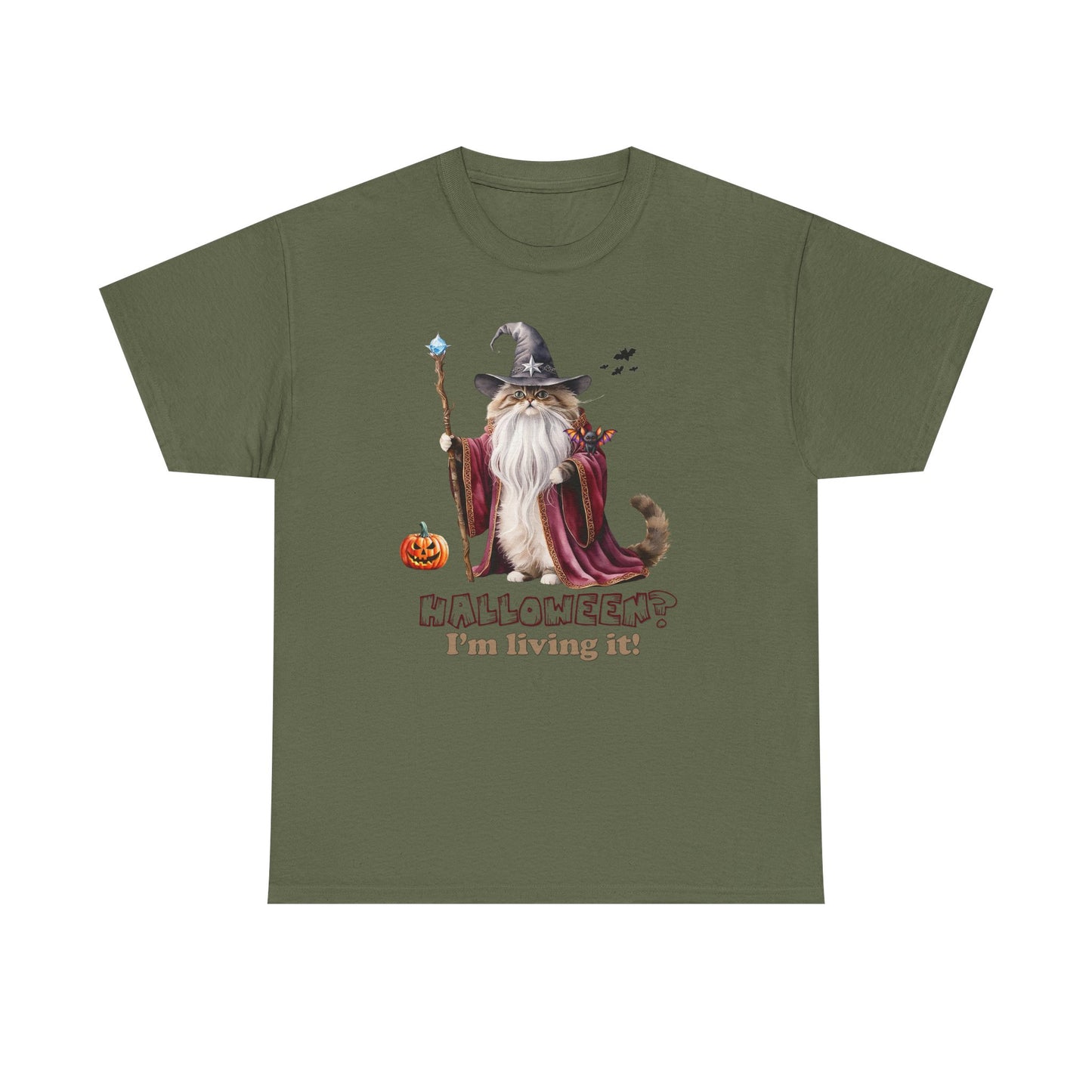 🧙 Living the Spell: Wizardry, Whimsy & Halloween CheerHalloween Wizard Cat Tee - 🎃 Spooky Unisex Cotton Shirt, Witchy T-Shirt, Fall Fashion, Gift for Cat Lovers, Halloween Costume, Relaxed Fit