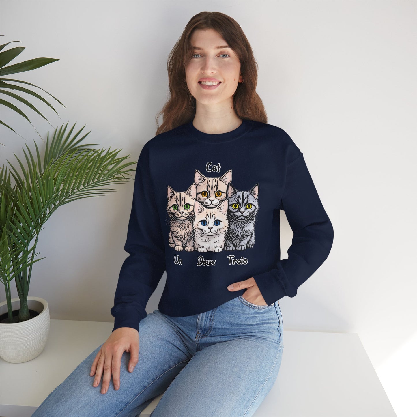 Un, Deux, Trois, Cat: Purrfect Counting Cuteness - Cat Lover Crewneck Sweatshirt, Cozy Pet Sweatshirt, Gift for Cat Owners, Cute Animal Apparel, Cat-Themed Fashion