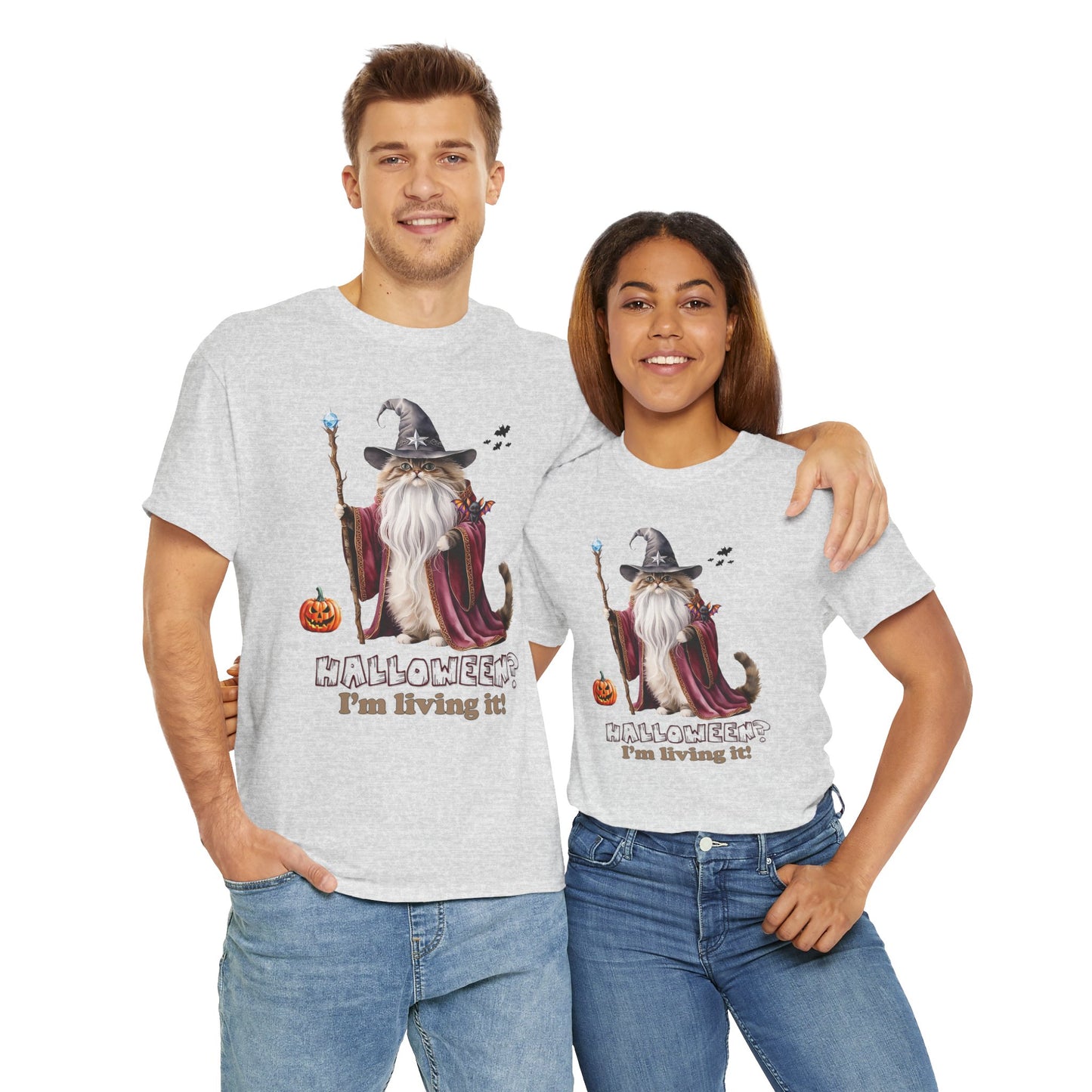 🧙 Living the Spell: Wizardry, Whimsy & Halloween CheerHalloween Wizard Cat Tee - 🎃 Spooky Unisex Cotton Shirt, Witchy T-Shirt, Fall Fashion, Gift for Cat Lovers, Halloween Costume, Relaxed Fit
