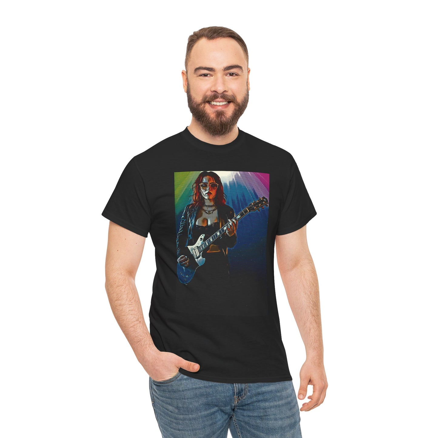 Electric Vibes: Retro Halftone Guitar Art Celebrating Music, Freedom, and Bold Self-Expression - Rock Star Unisex Heavy Cotton Tee, Music Lover Gift, Concert Apparel, Vintage Tee, Festival Wear
