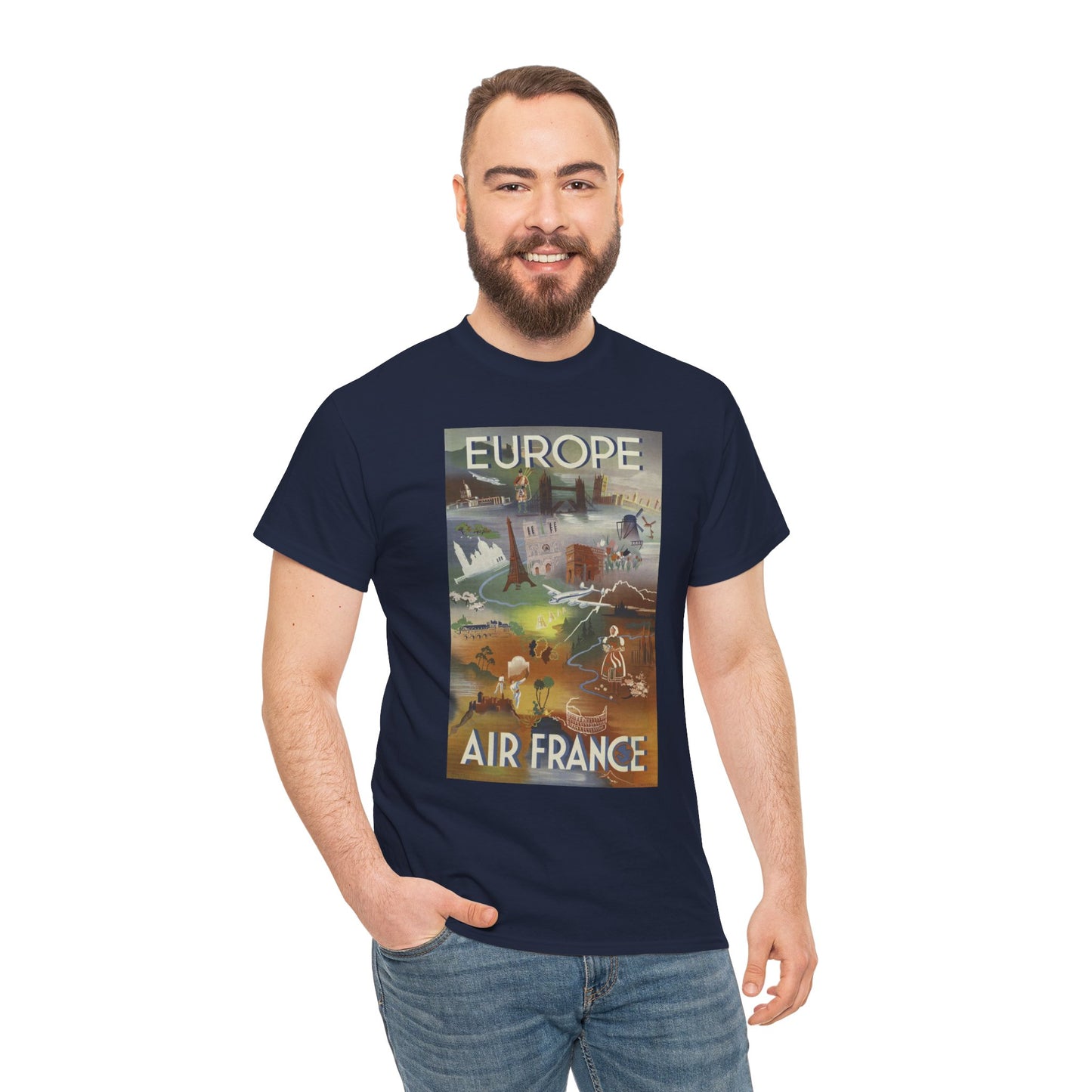 Vintage Air France 1948: Retro Travel Poster Celebrating Europe’s Beauty, Adventure, and Timeless Wanderlust - Unisex Heavy Cotton Tee