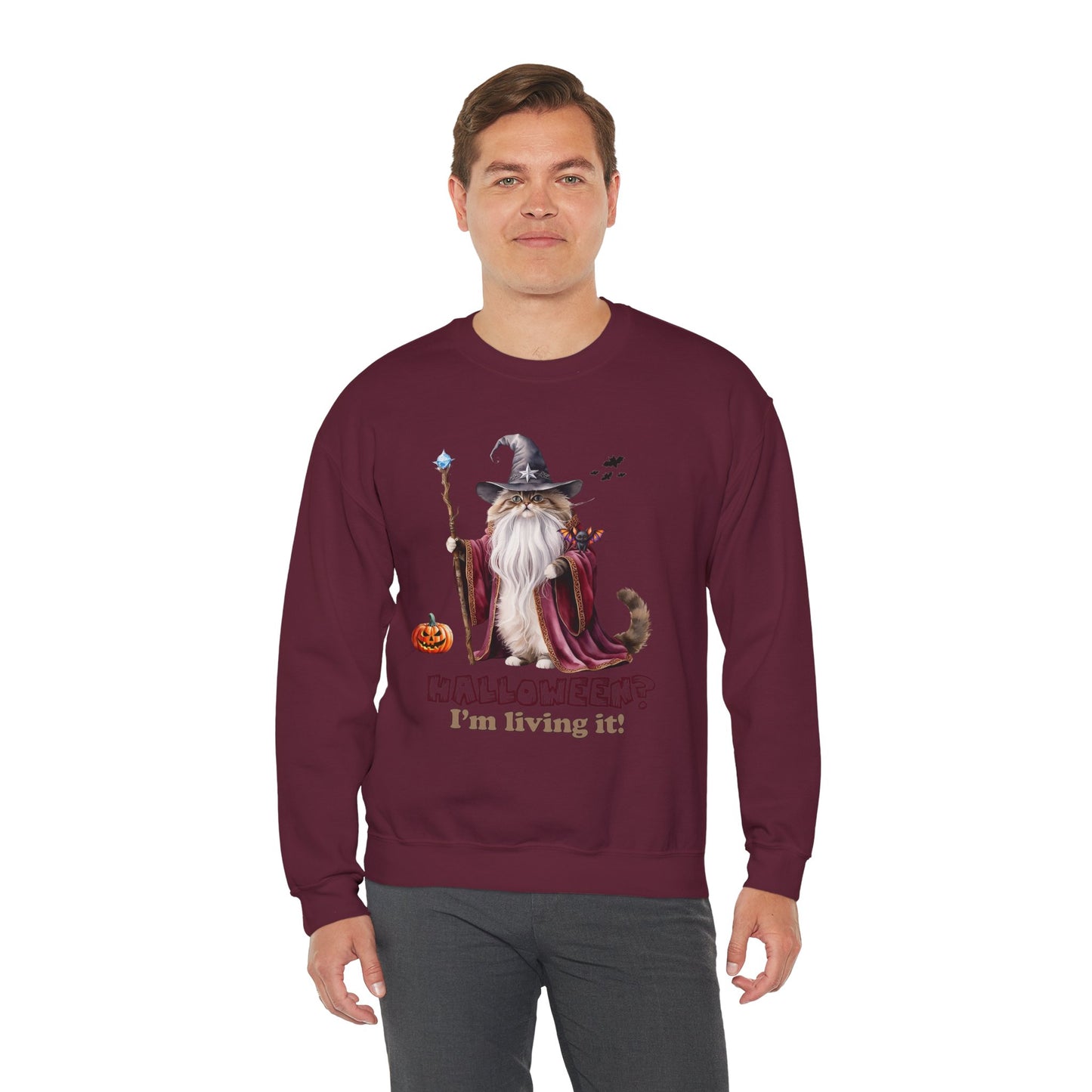 🧙 Living the Spell: Wizardry, Whimsy & Halloween Cheer 🎃 - Halloween Wizard Sweatshirt, Unisex Crewneck for Fall, Cozy Gift for Cat Lovers, Spooky Season Apparel, Fun Costume Alternative