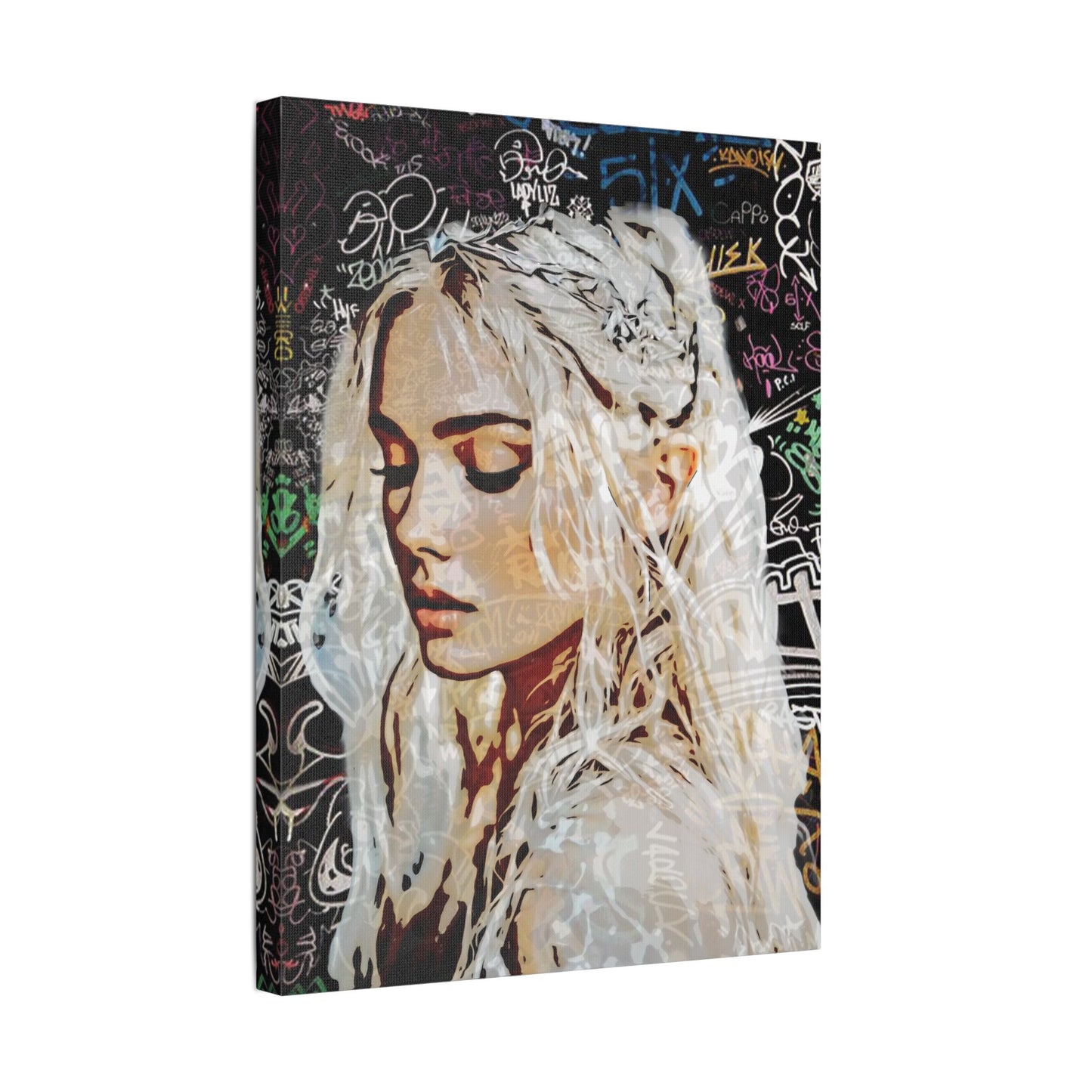 "Urban Dreams: Street Art Portrait of Hope and Beauty Emerging from City's Creative Soul" - Satin Canvas Art Print, Stretched Wall Decor, Girl Portrait, Abstract Graffiti Design, Unique Home Decor, Gift for Art Lovers