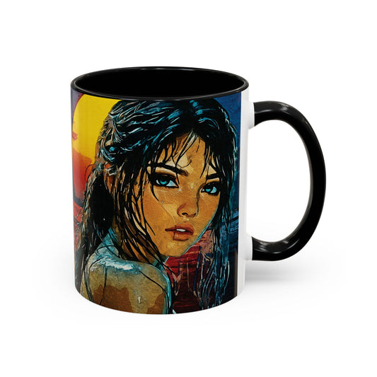 "Golden Hour Goddess: Vibrant Pop Art Vision" - Colorful Artful Coffee Mug, Unique Gift for Art Lovers, Bohemian Style Mug, Stylish Drinkware, Vibrant Decor, Perfect for Home or Office