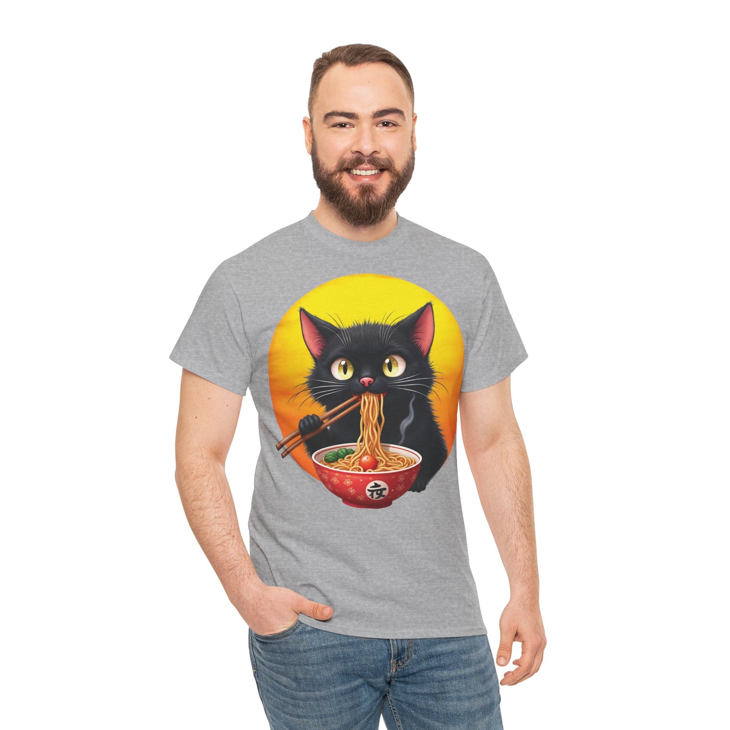 Ramen Cat Magic – Whiskers, Noodles & Sunshine Vibes - Ramen Cat - Cute Cat with Bowl of Noodles Unisex Heavy Cotton Tee