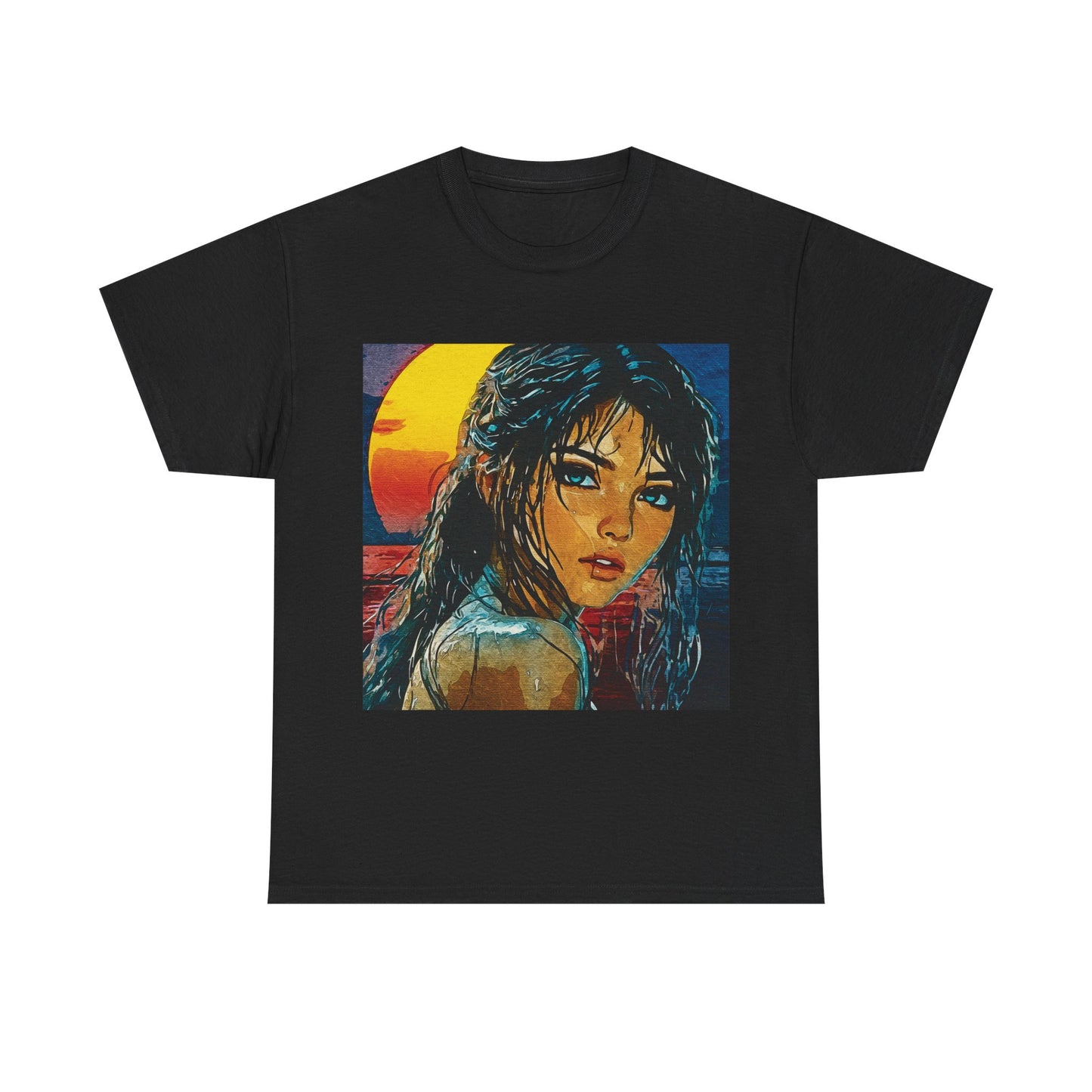 "Golden Hour Goddess: Vibrant Pop Art Vision" - Sunset Dreamer Unisex Heavy Cotton Tee - Vintage Art T-Shirt, Graphic Tee, Casual Wear, Unique Gift Idea, Summer Fashion