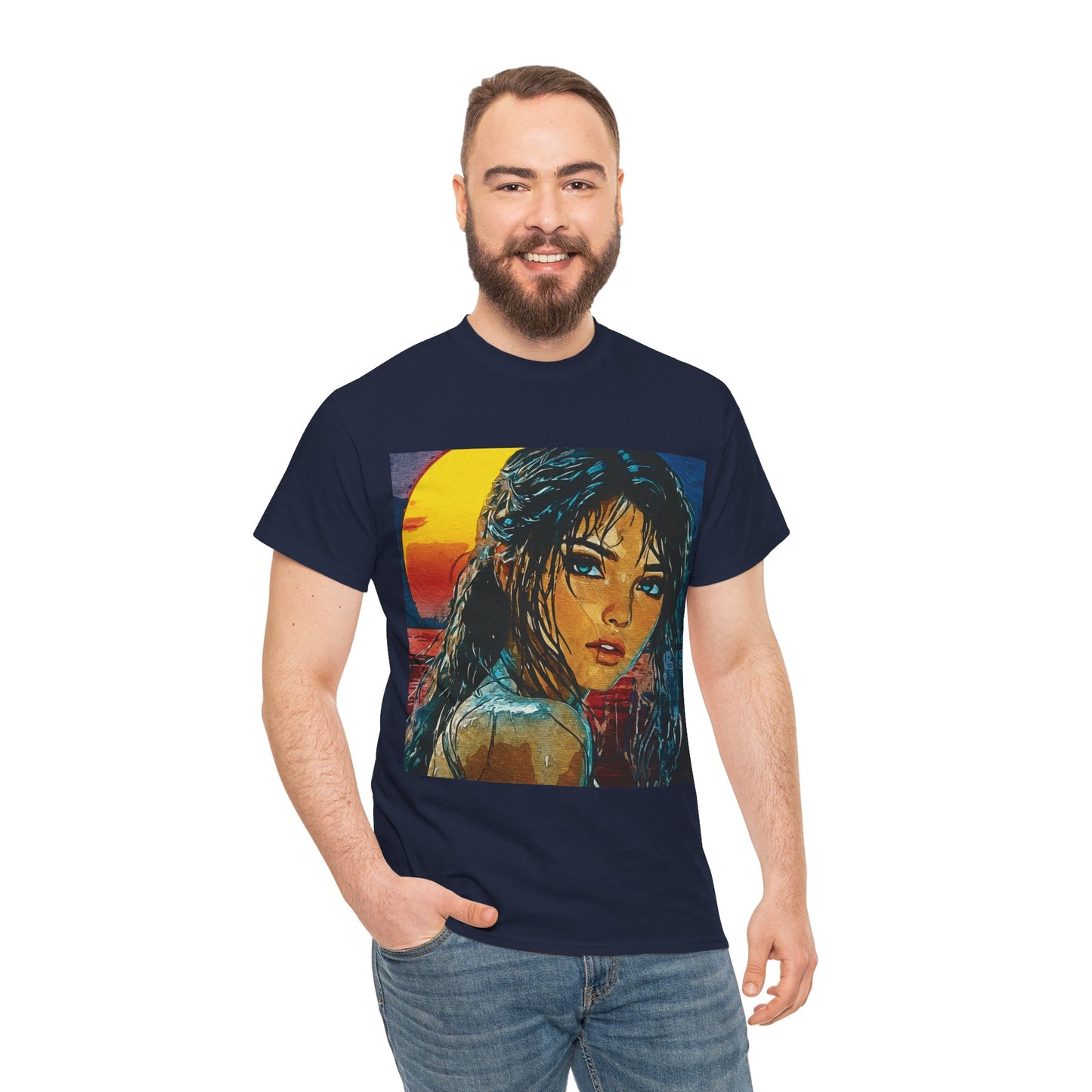 "Golden Hour Goddess: Vibrant Pop Art Vision" - Sunset Dreamer Unisex Heavy Cotton Tee - Vintage Art T-Shirt, Graphic Tee, Casual Wear, Unique Gift Idea, Summer Fashion
