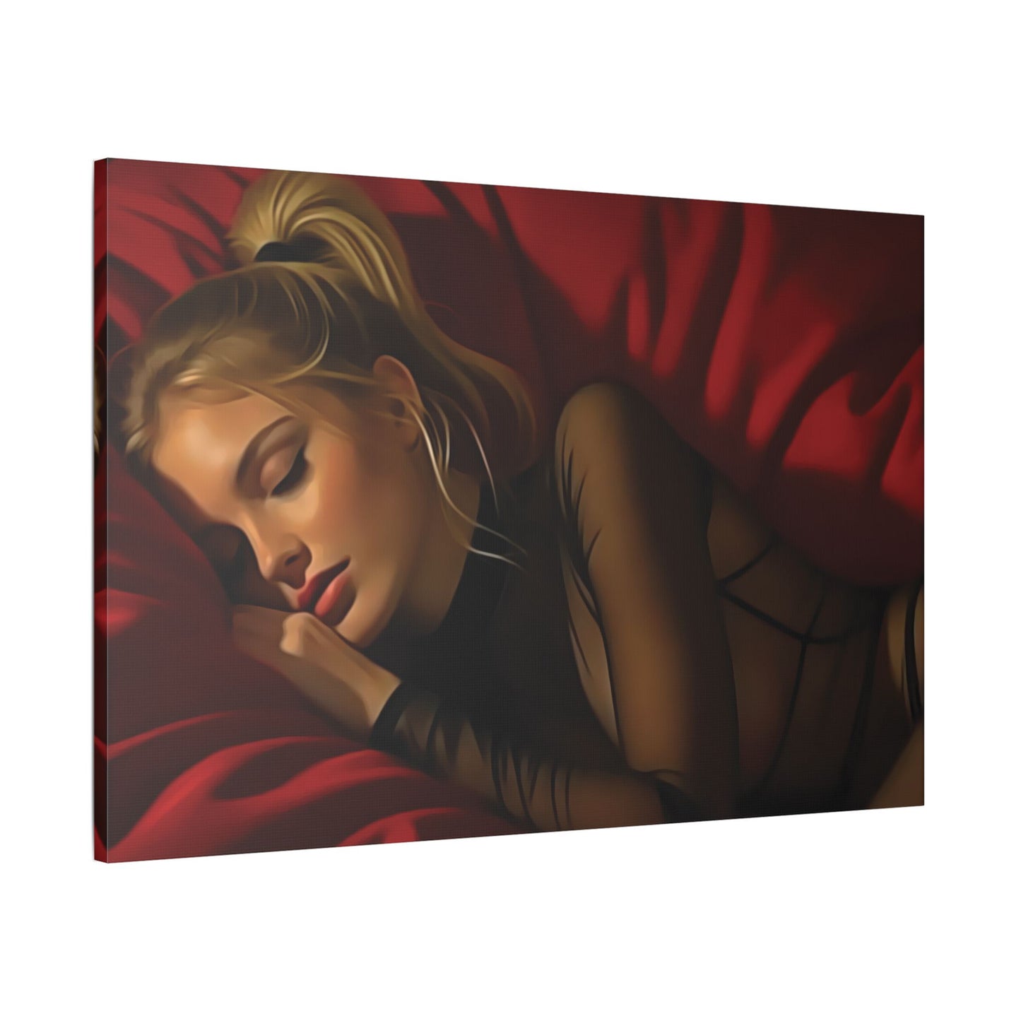 "Velvet Dreams: A Serene Portrait of Feminine Grace, Rest, and the Quiet Power of Stillness" - Elegant Satin Canvas Art Print, Bedroom Décor, Wall Art, Modern Home Decoration, Perfect Gift for Art Lovers, Relaxing Atmosphere