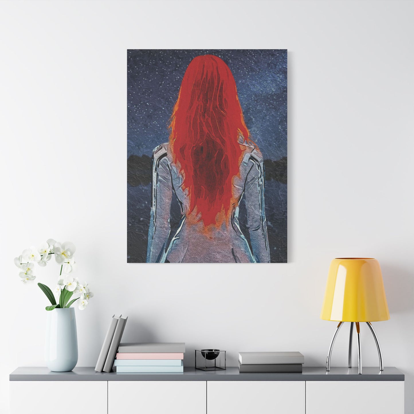 'Red' Scarlet Veil Over Starry Depths: Embrace the Cosmic Red Journey Within - Canvas Art Print: Starry Night with Red-Haired Woman, Wall Decor for Dreamers, Stretched Art, Unique Home Gift, Modern Living Room Decor