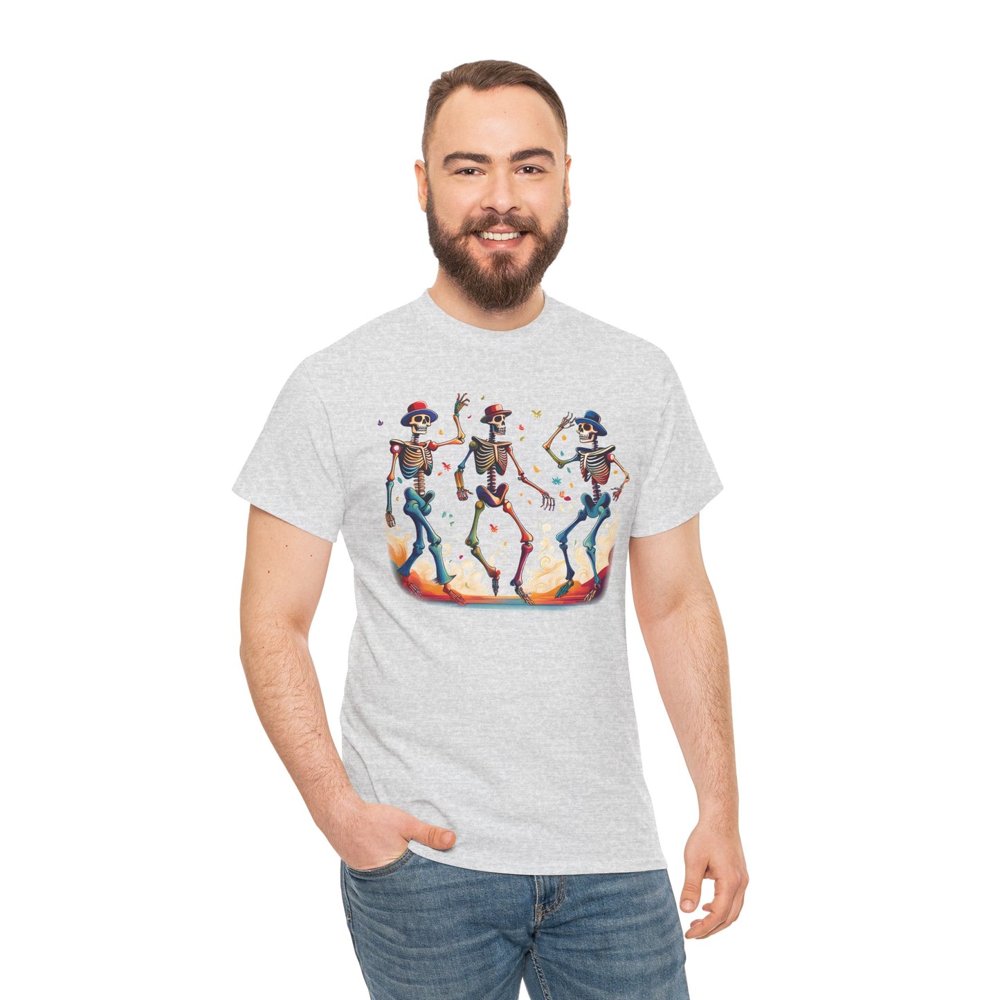 Dancing Skeletons Halloween Party - Spooky Fun Celebration Art - Festive Autumn Spirit Collection - Colorful Skeleton Dance Tee, Casual Halloween T-Shirt, Unique Gift for Parties, Unisex Graphic Shirt, Fun Everyday Wear