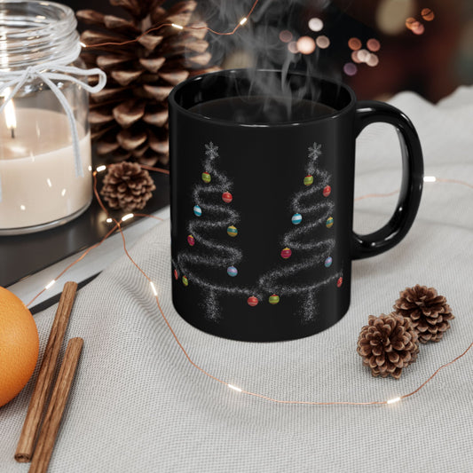 Cosmic Christmas: Where Stardust Dreams Become Holiday Magic - Christmas Tree Black Mug - Festive Coffee Cup (11oz, 15oz)