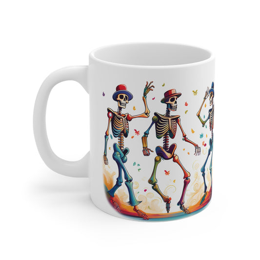 Dancing Skeletons Halloween Party - Spooky Fun Celebration Art - Festive Autumn Spirit Collection - Skeleton Dance Ceramic Coffee Cup | Fun Halloween Mug, Dia de los Muertos Gift, Unique Kitchen Decor, Quirky Drinkware, Celebration Cup