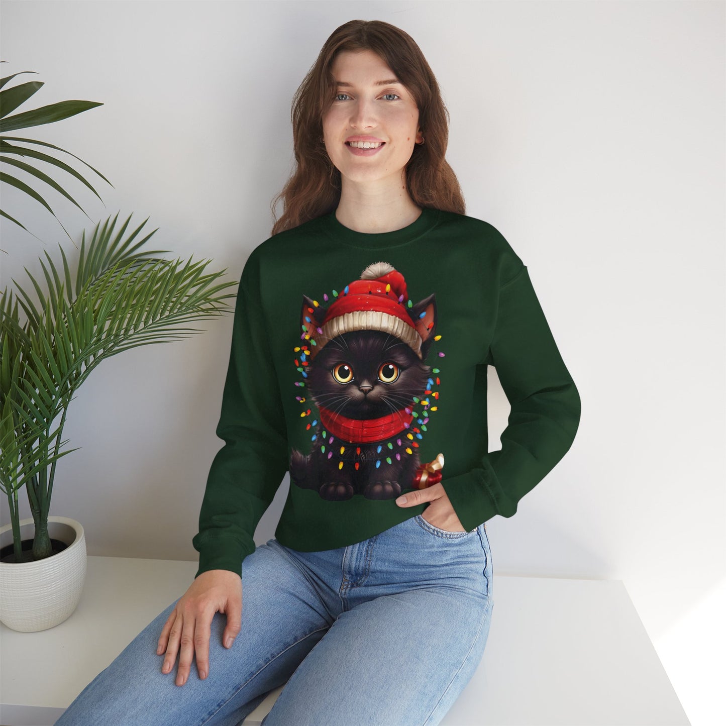 Holiday Heart: Kitten Wrapped in Christmas Lights - Festive Cat Crewneck Sweatshirt - Cozy Holiday Apparel, Warm Gift, Cute Winter Style, Pet Lover Sweatshirt, Christmas Sweater Alternative