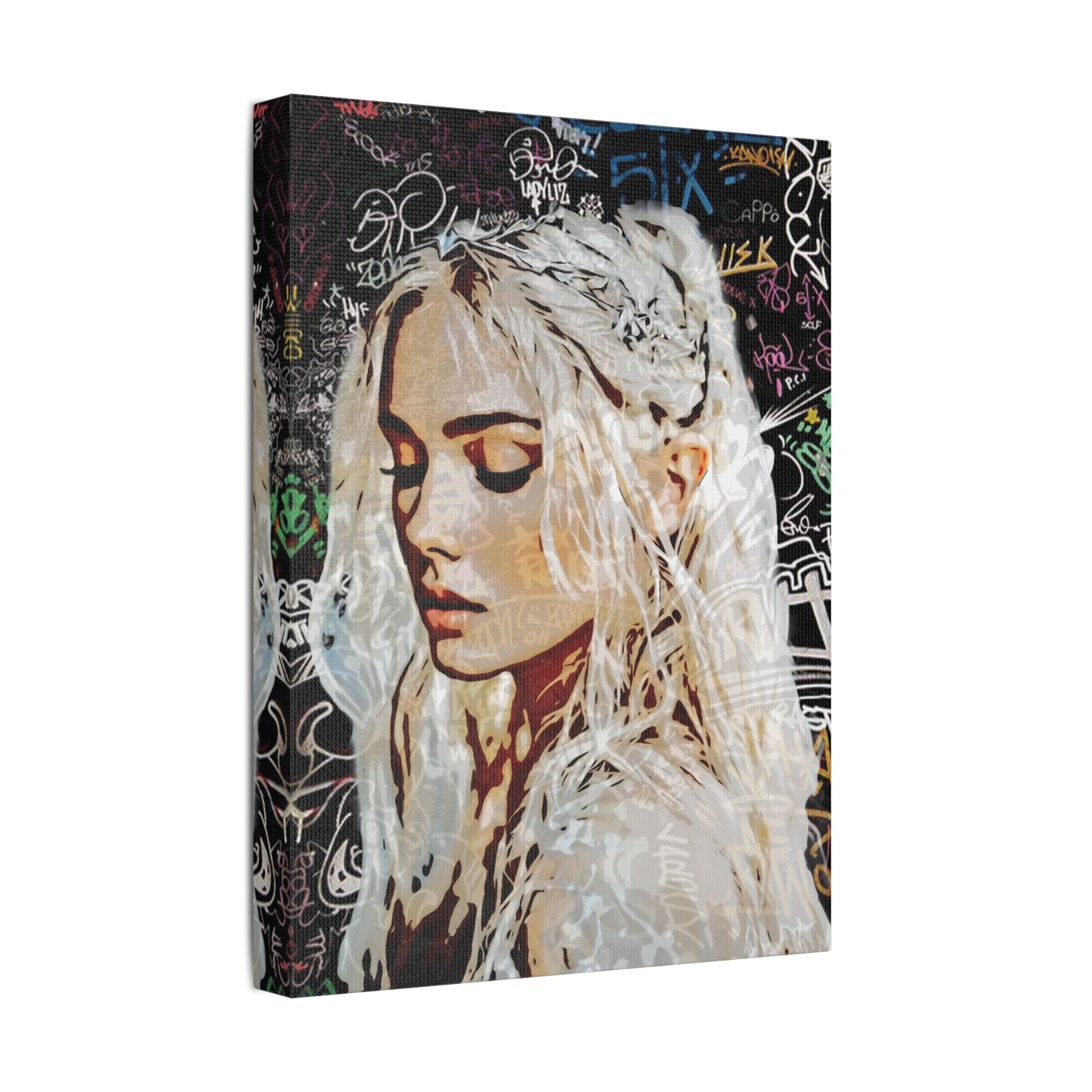 "Urban Dreams: Street Art Portrait of Hope and Beauty Emerging from City's Creative Soul" - Satin Canvas Art Print, Stretched Wall Decor, Girl Portrait, Abstract Graffiti Design, Unique Home Decor, Gift for Art Lovers