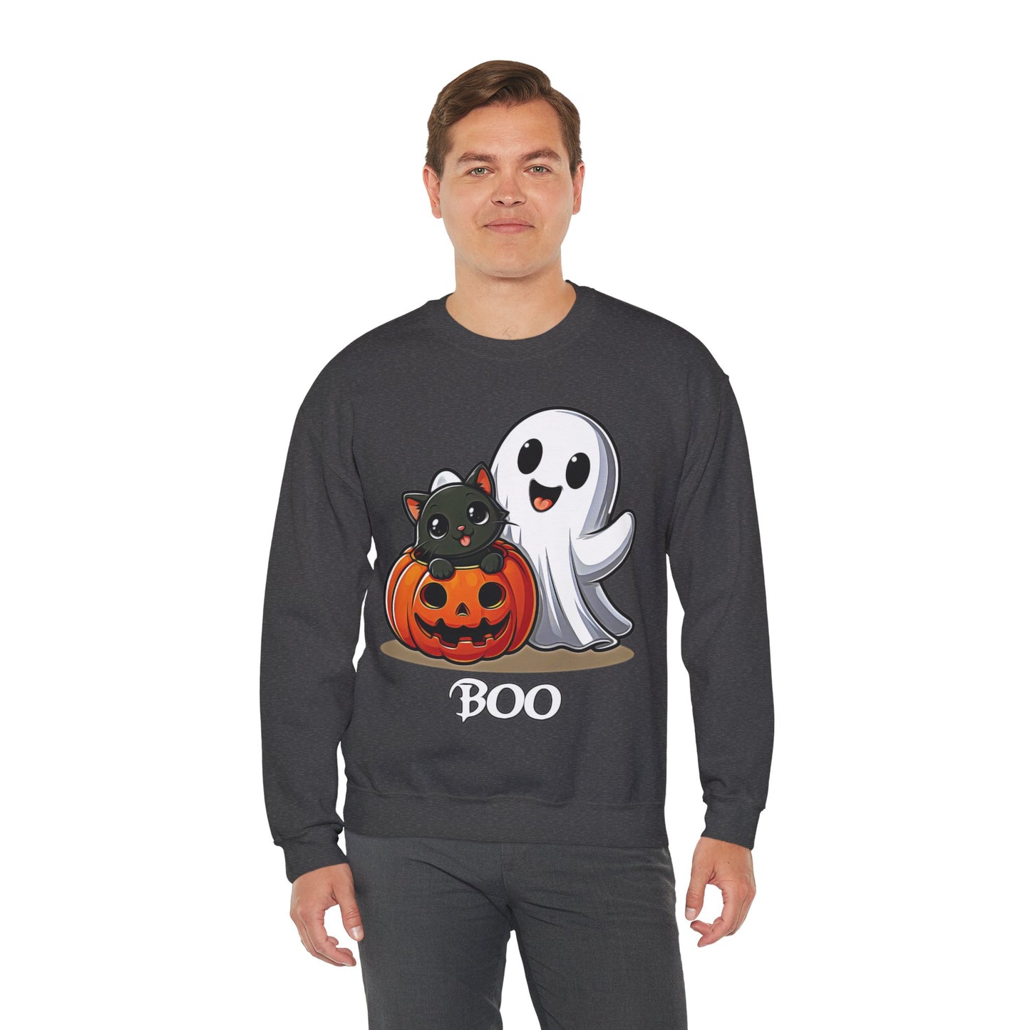 Spooky Smiles & Cozy Vibes – Halloween Boo Pumpkin Ghost Cat Edition - Cute Halloween Crewneck Sweatshirt with Ghost and Cat Design, Cozy Fall Apparel, Perfect for Spooky Season, Unisex Halloween Sweater, [...]