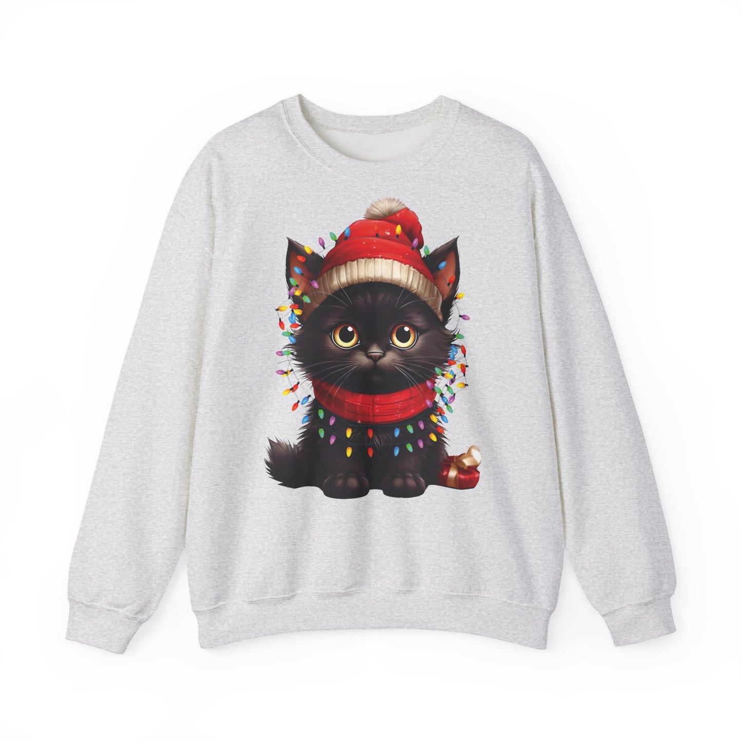 Holiday Heart: Kitten Wrapped in Christmas Lights - Festive Cat Crewneck Sweatshirt - Cozy Holiday Apparel, Warm Gift, Cute Winter Style, Pet Lover Sweatshirt, Christmas Sweater Alternative
