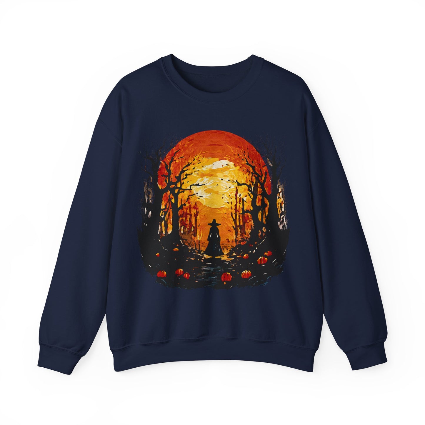 Moonlit Mischief: Autumn’s Enchanted Glow for Sweatshirts, mugs and more - Autumn Sunset Witch Sweatshirt - Cozy Unisex Crewneck for Fall, Halloween, Pumpkin Spice Lovers, Seasonal Fashion, Gift Idea