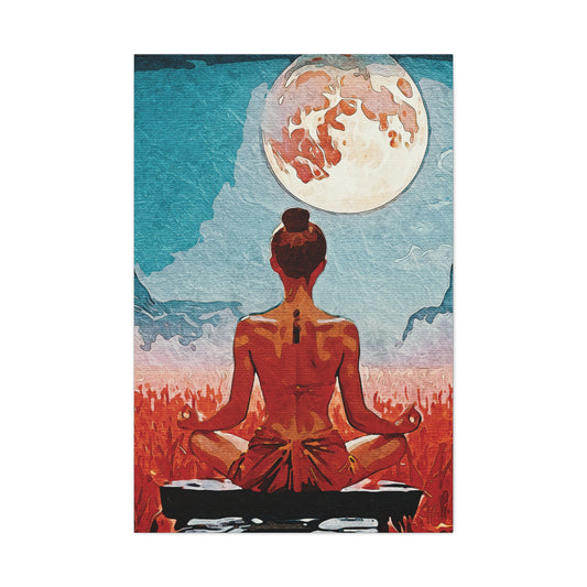 ✨Title: Serenity Under the Full Moon - Meditative Canvas Art Print, Wall Decor, Spiritual Home Decor, Yoga Room Art, Gift for Mindfulness Enthusiasts, Meditation Wall Art